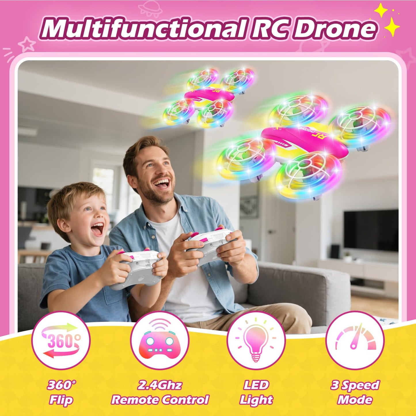 FUNPX LED RC Drone for Kids 6+, Christmas Birthday Gift for Boys & Girls with Remote Batteries, 360° Flip, High Speed Mode, 45 Min Flight Indoor and Outdoor Flying Toy - RoseRed Yellow