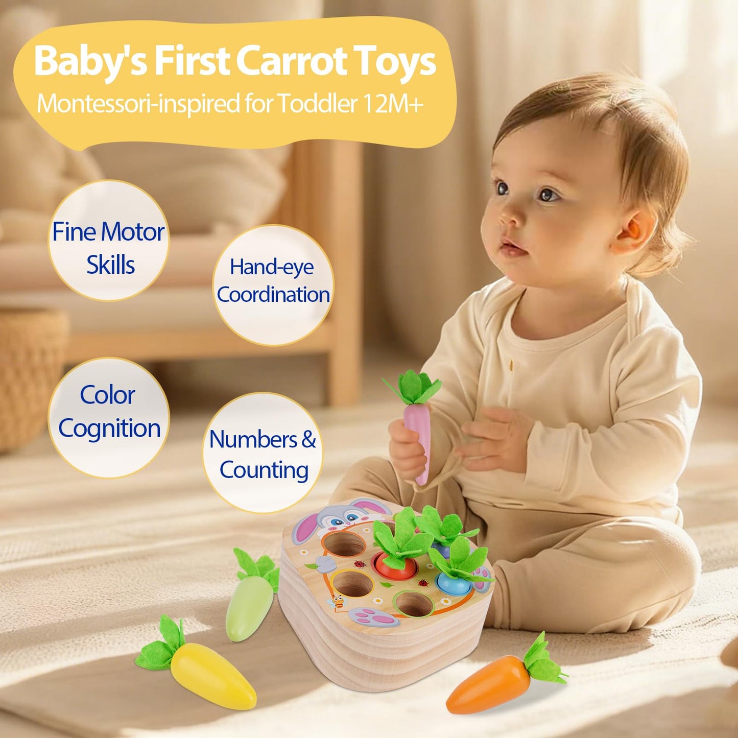 KMTJT Montessori Toys for 1 2 3 Year Old Toddlers, Rabbit Carrot Harvest Game Wooden Toys for 6-12 Months Baby Boys and Girls, Shape Sorting Matching 1st Birthday Easter Gifts for Babies 1-3 (Macron)