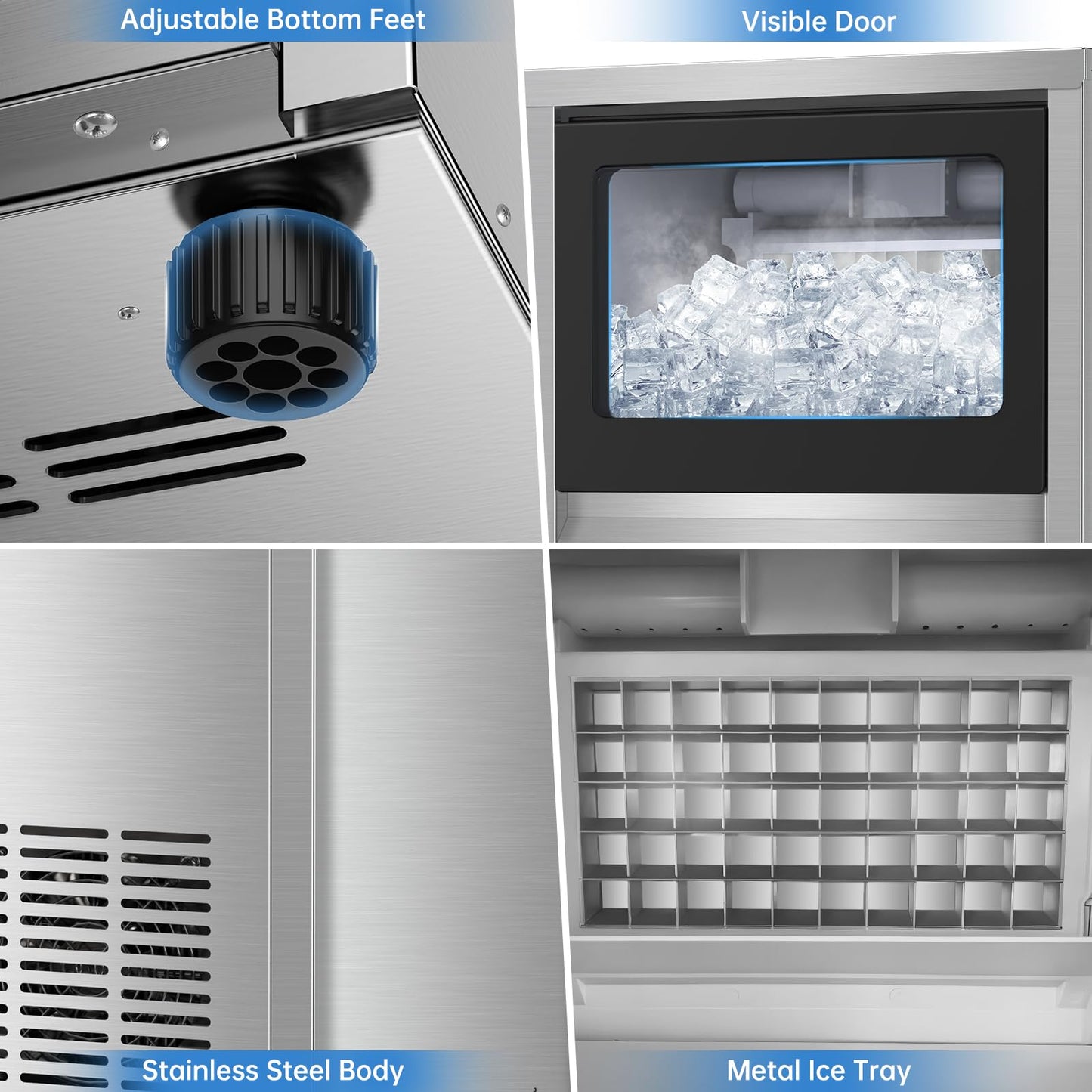 Ice Machine Commercial Ice Maker Machine, 150 Lbs /24H, 30 lbs Bin, Under Counter Built-in or Freestanding, Stainless Steel Household Use, Restaurant Bar Kitchen Cafe