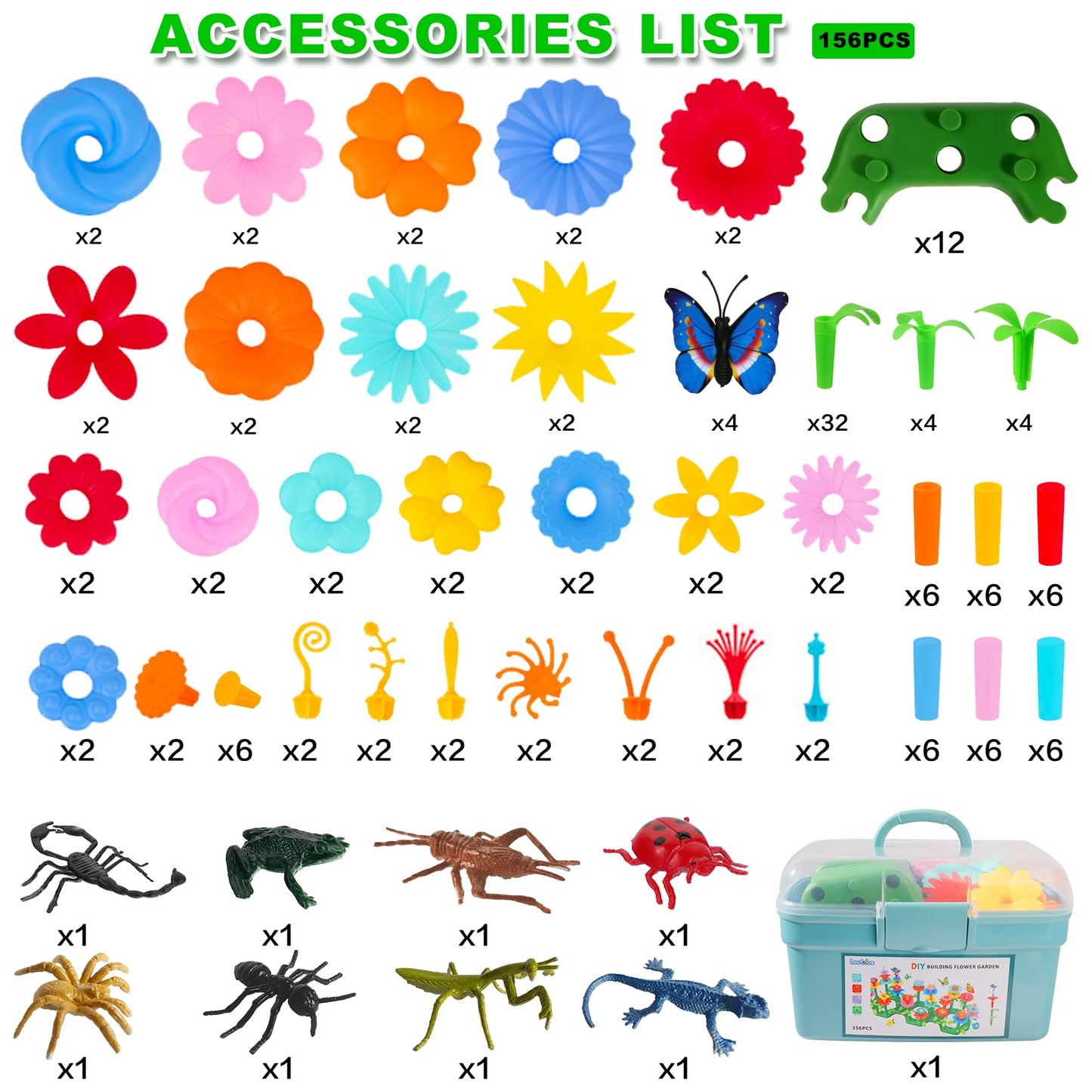 Birthday Toys Gifts for 2 3 4 5 6 Years Old Toddler Girls Boys, 156 PCS Insect Flower Garden Building Educational STEM Learning Pretend Play Gardening Set, Birthday Gifts for Preschool Kids Age 2+