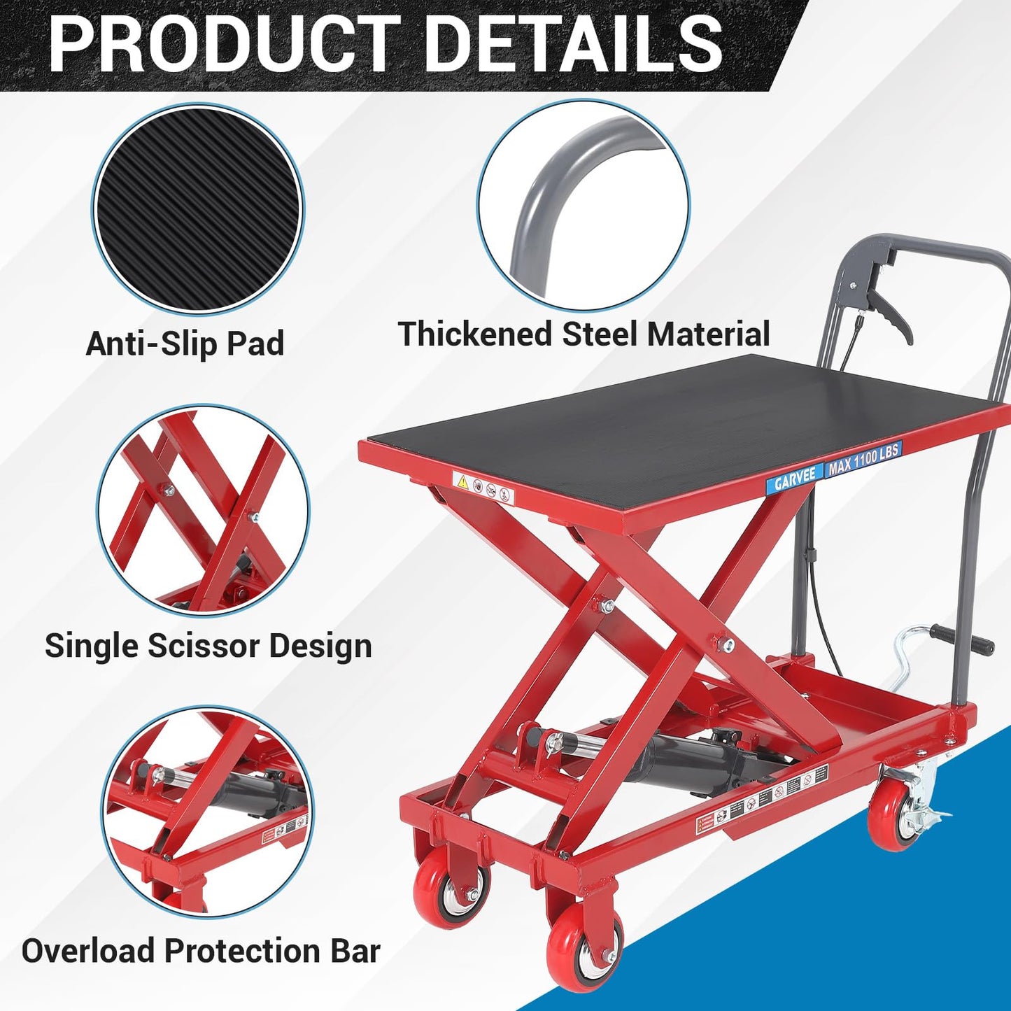 Hydraulic Lift Table Cart, 330lbs Capacity 28.5" Lifting Height Hydraulic Table Cart, Single Scissor Lift Table with Non-Slip Pad for Material Handling and Transportation, Red
