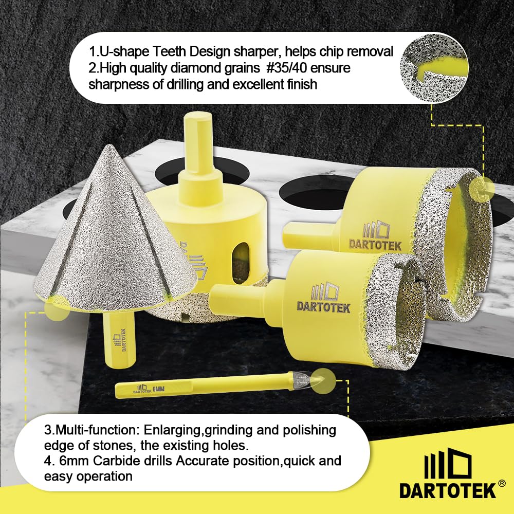 Diamond Core Drill Bits Set 12PCS - DARTOTEK Tile Hole Saw Kit (6/8/10/20/25/28/32/45/50/65mm/1-3/8/6mm for Porcelain, Ceramic Tile, Granite, Marble, Masonry