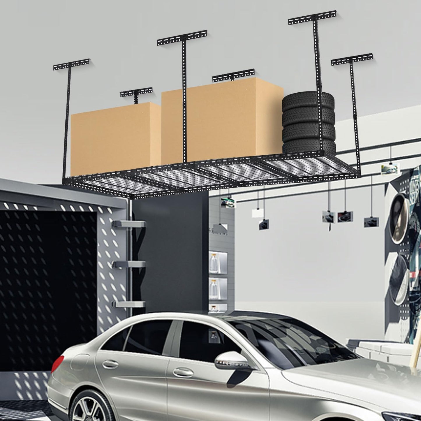 4x8 FT Overhead Garage Storage Rack, Adjustable Garage Storage Organization Systerm, 660LBS Weight Capacity Heavy Duty Metal Garage Ceiling Storage Racks, Black, Vertical Post x 6