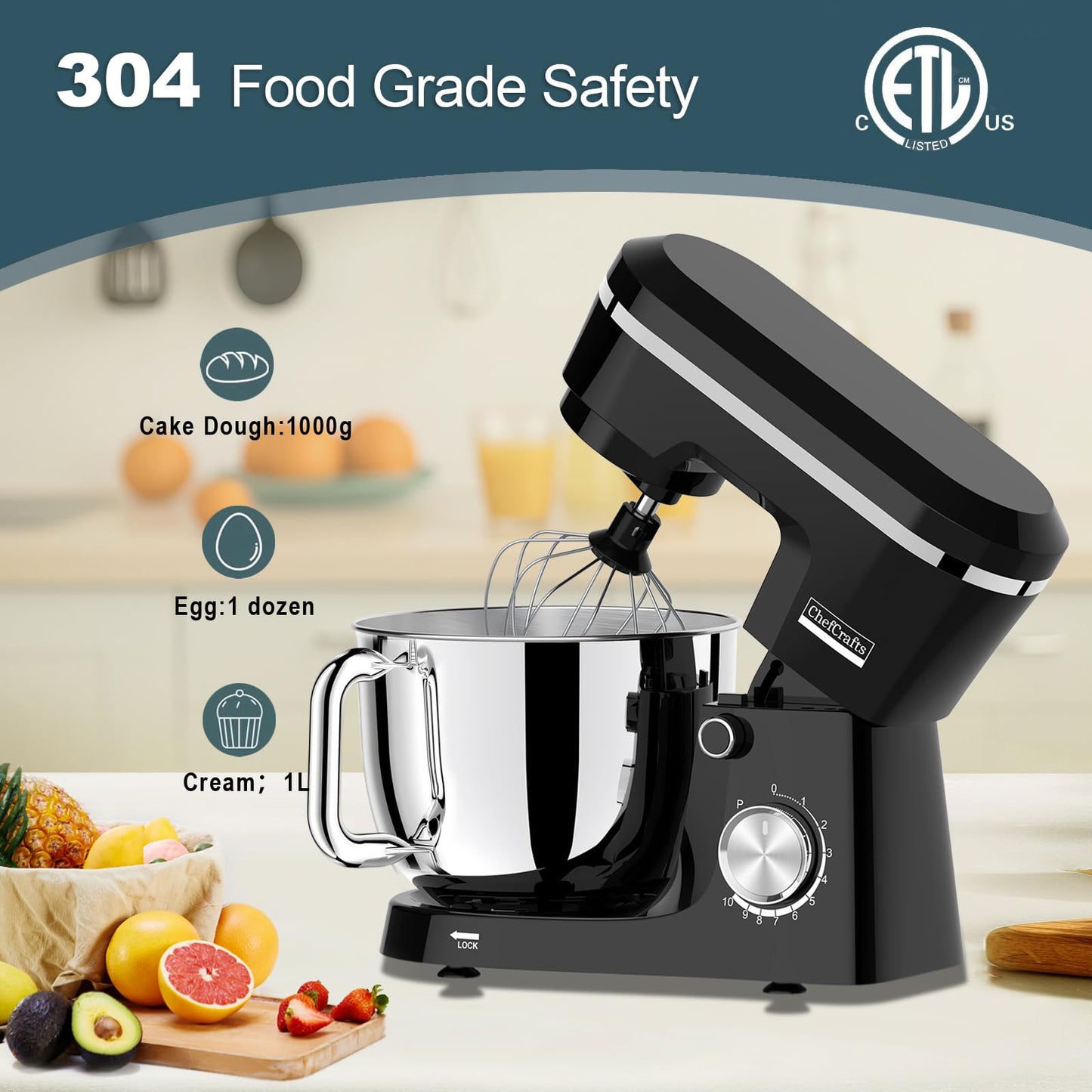 Electric Stand Mixer with 6.5QT Bowl with Handle, Household Food Mixer, Kitchen Mixer with Tilting Head for Bread Dough and Cake with Dough Hook, Whisk, Splash Guard and Egg Separator (Black)