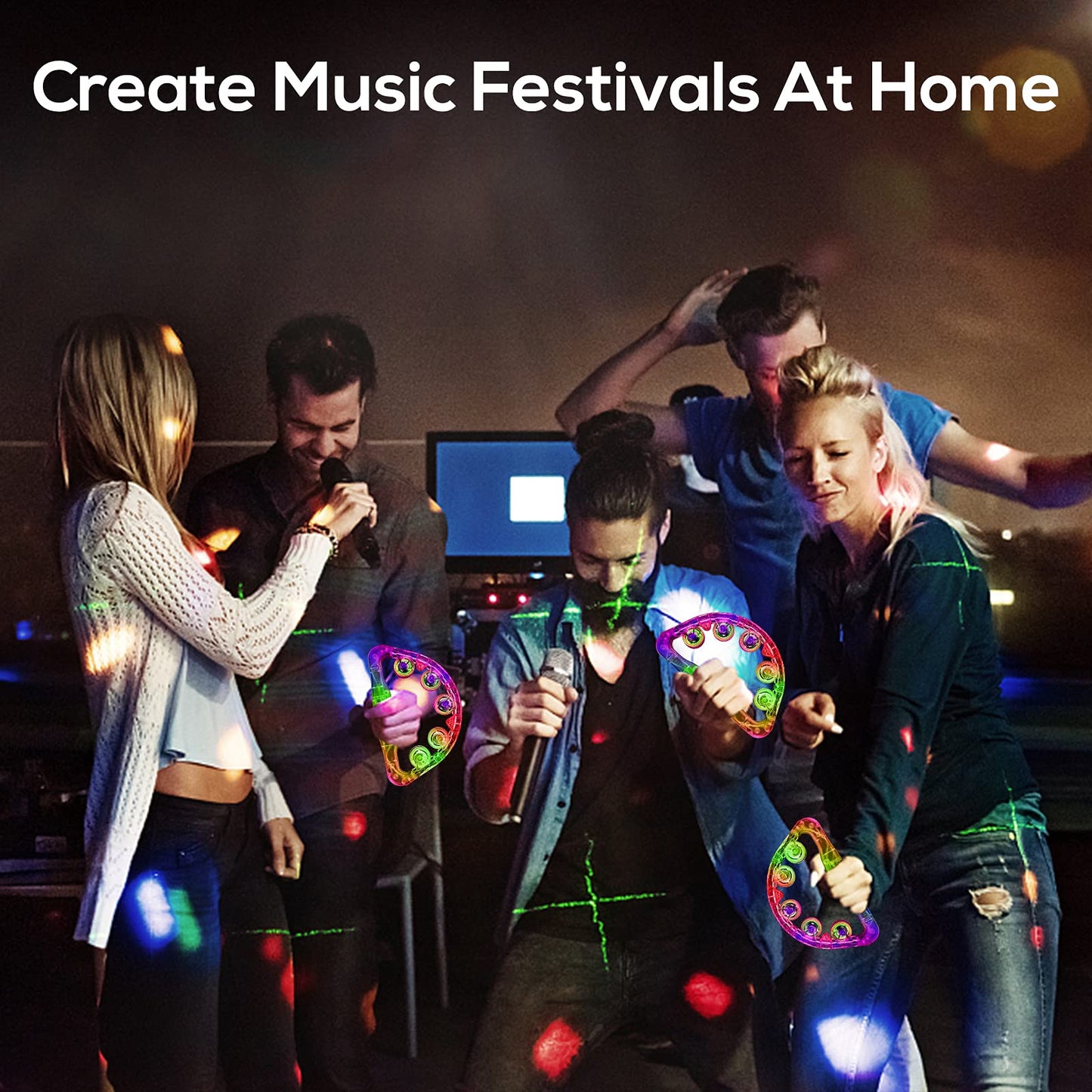 Light Up Tambourines for Adults, Sensory Toys for Kids with Autism，Musical gifts and Karaoke toys for special needs kids, Fun Neon Glow for Birthdays & Concerts (1 PCS)