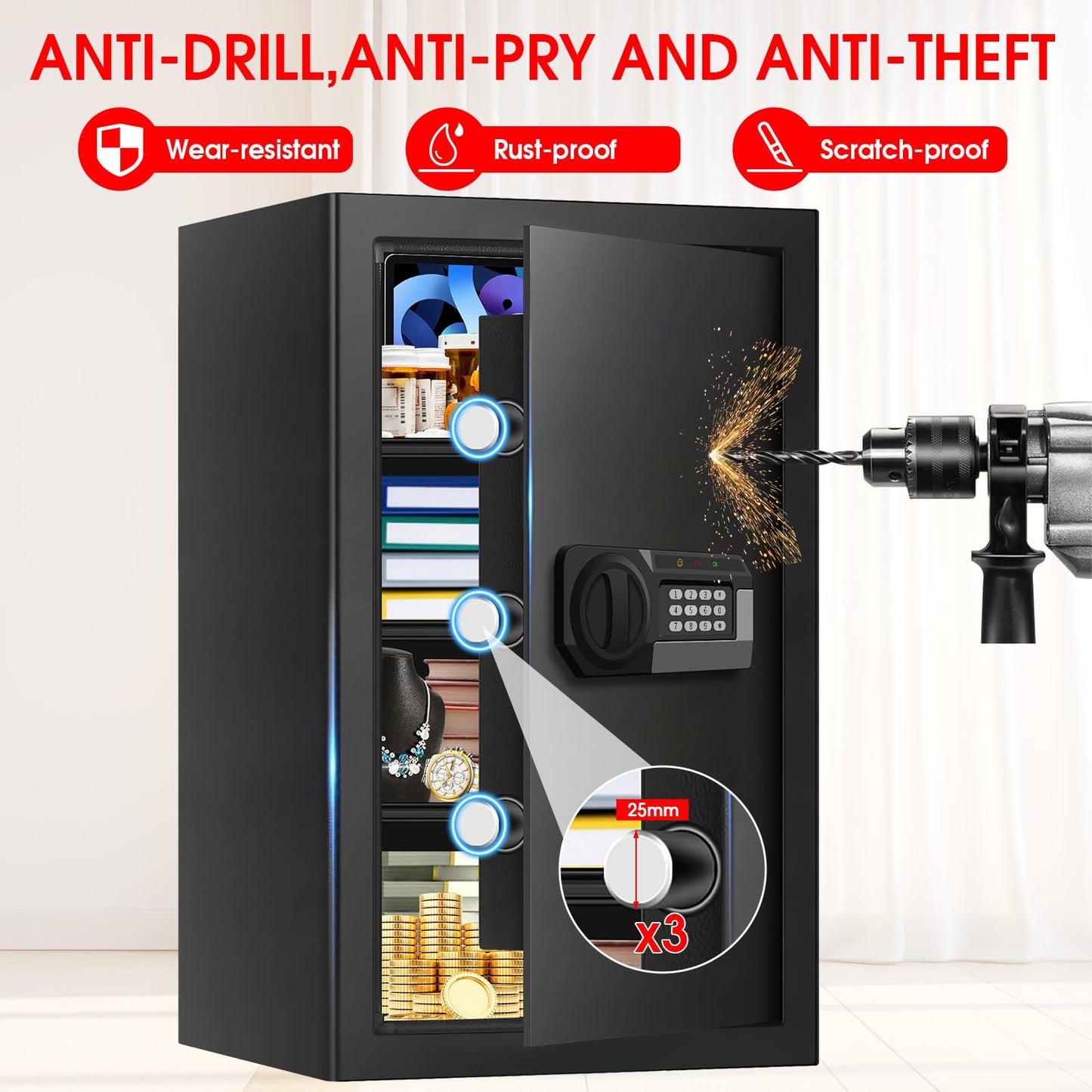 5.2 Cuft Large Home Safes Water and Fireproof, Fire Proof Safe for Home Use with Removable Shelves, Alarm System and Mute Function, Anti-Theft Safes for Home Use Fire and Water Proof for Document