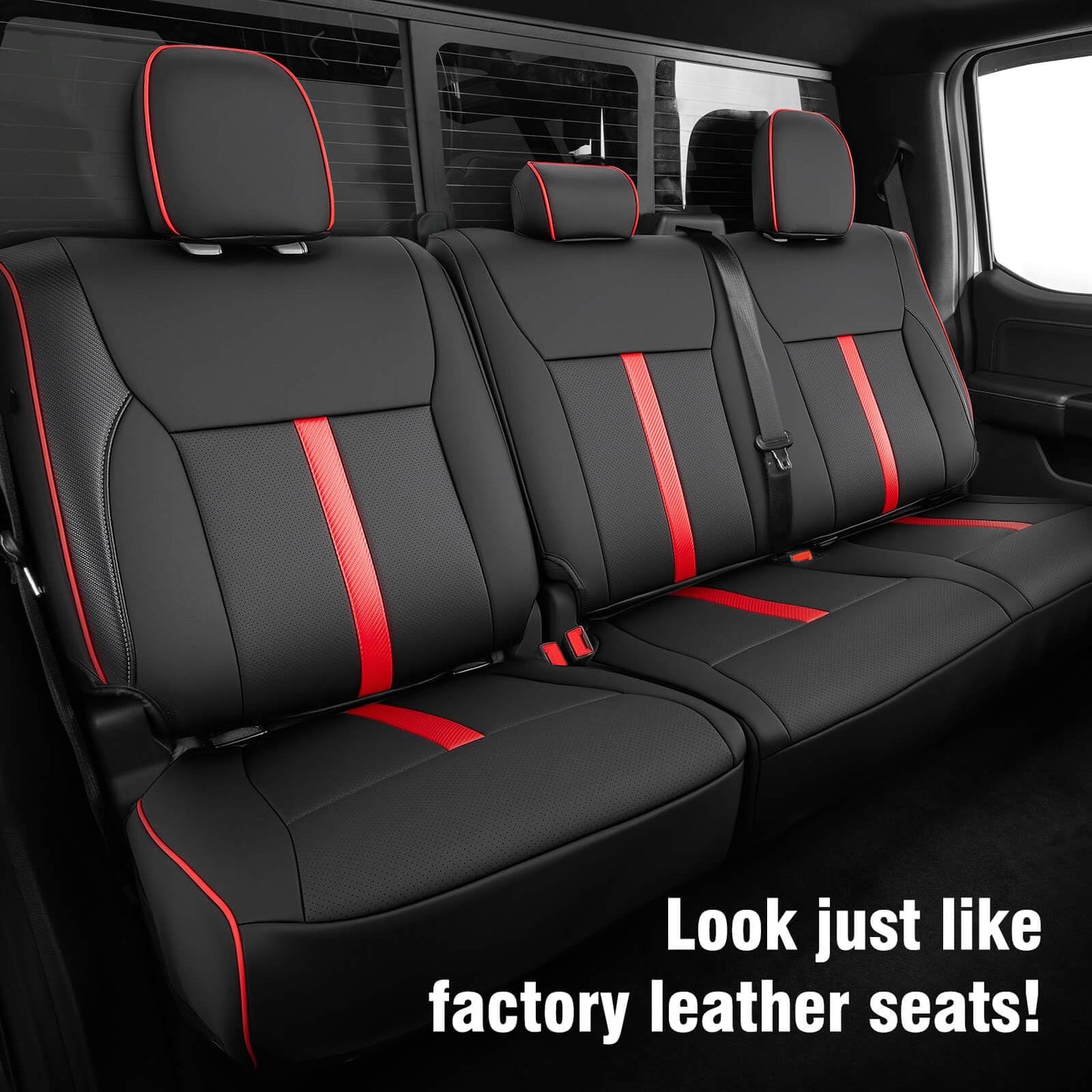 DiffCar® Seat Covers for Ford F150: 2015-2026 SuperCrew/Crew Cab, Full Set Faux Nappa Leather Truck Seat Covers for F-150 XL XLT, Custom Fit Car Accessories Pickup Seat Protectors for F 150, Black/Red