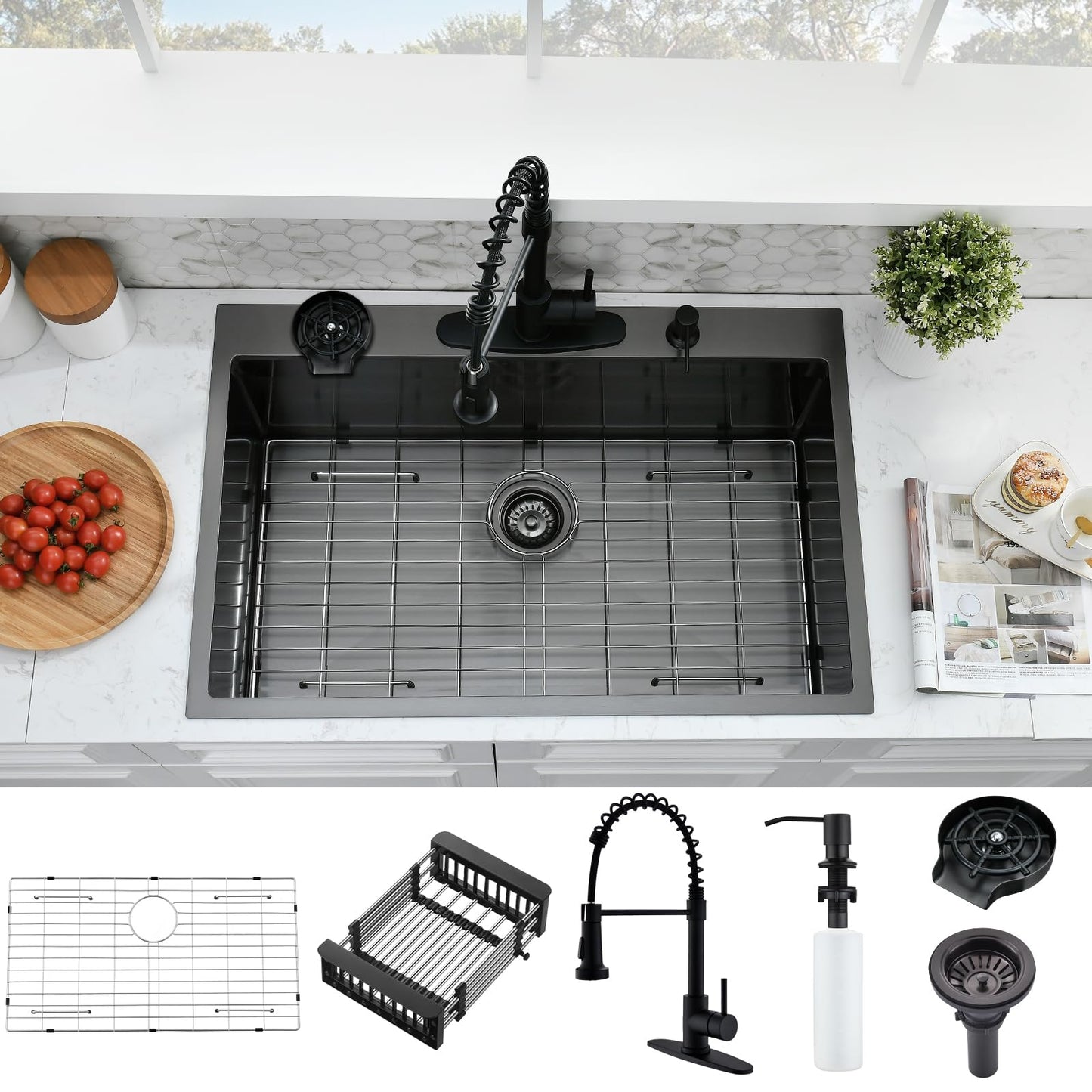 SOMRXO 33x22 Drop In Kitchen Sink and Faucet Combo Set, Black Stainless Steel Kitchen Sink with Cup Washer,9 Inch Deep Single Bowl with Accessories, Heavy-Duty & Easy-Clean Design