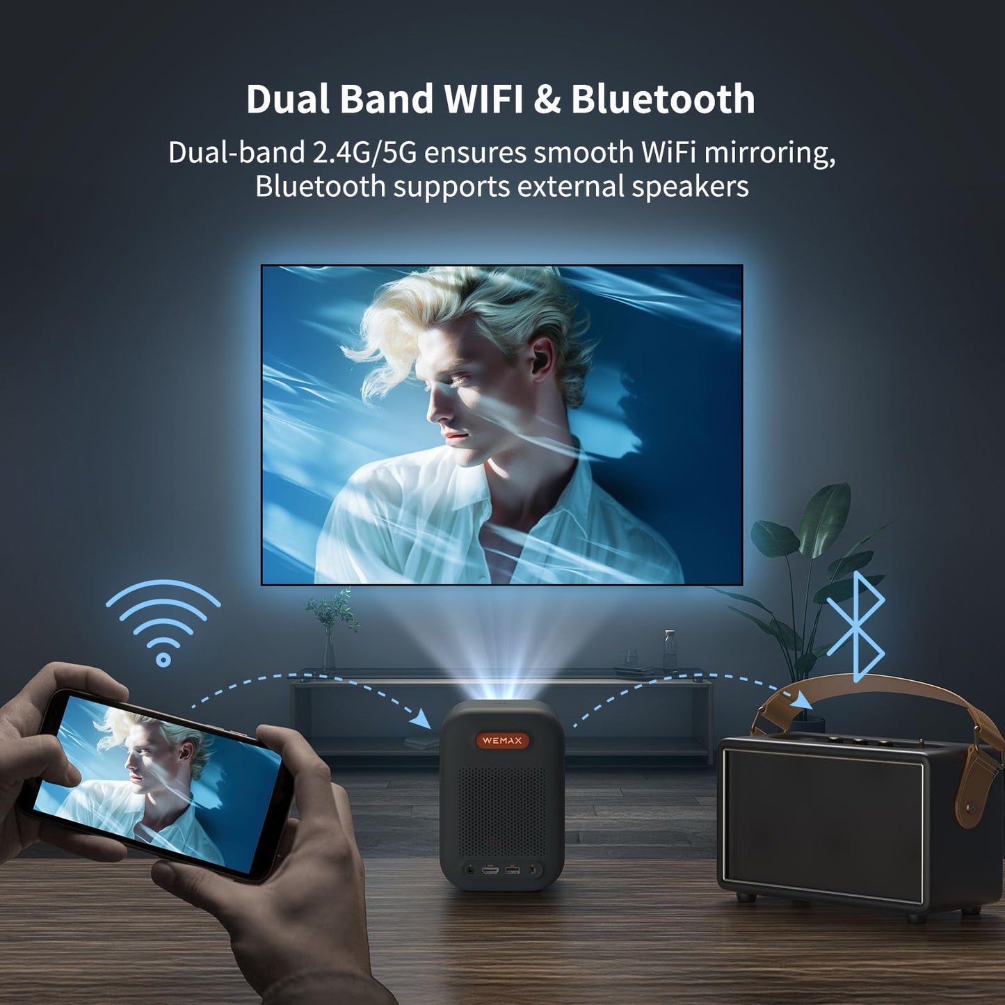 WEMAX Google TV Projector, Netflix Officially Licensed 4K Support, Mini Projector with Wifi and Bluetooth, Smart Movie Projector for Home Theater, 1080P Full HD, MAX 120" Display, Dolby Audio