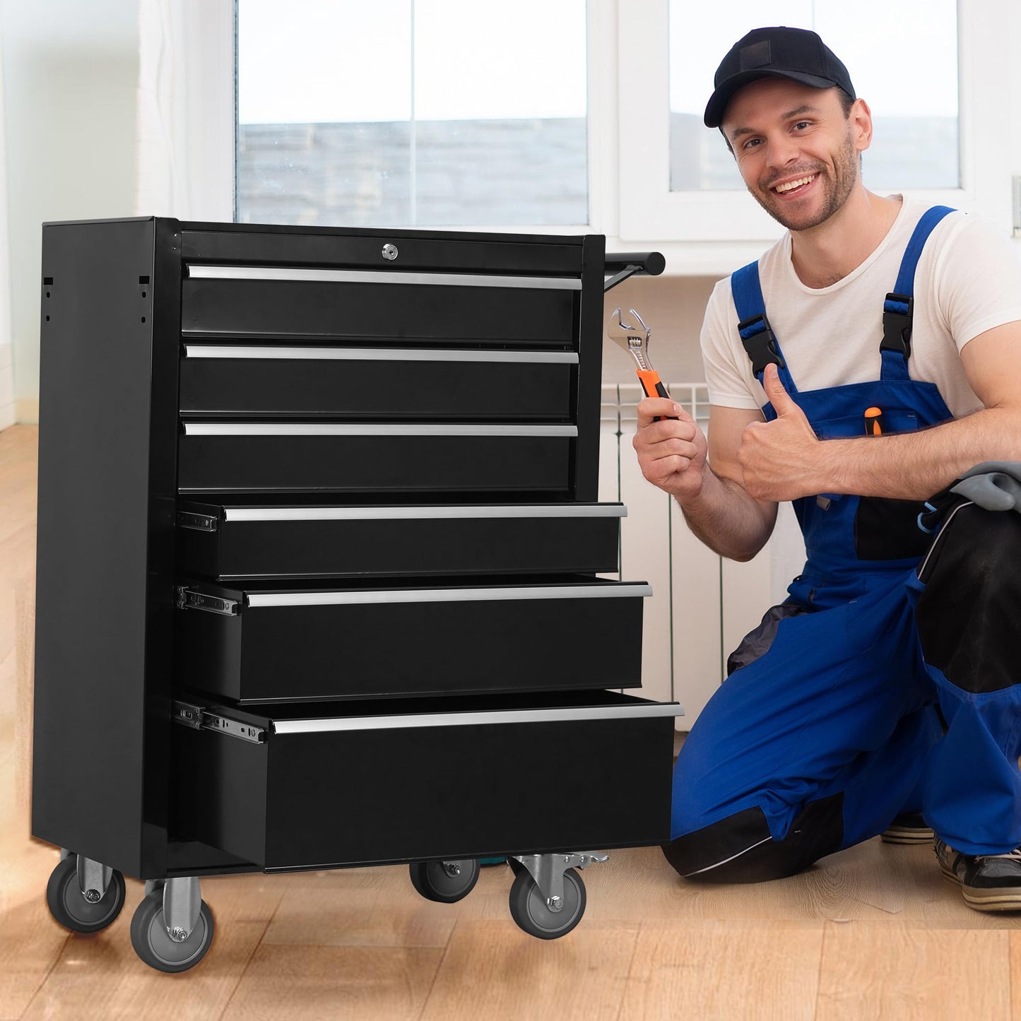 QSOSTNS 6-Drawer Rolling Tool Chest Cabinet, Large Capacity Metal Tool Box with Wheels and Keyed Locking, Roll Around Storage Organizer Tool Cart for Garage, Warehouse, Work Shop (Black)