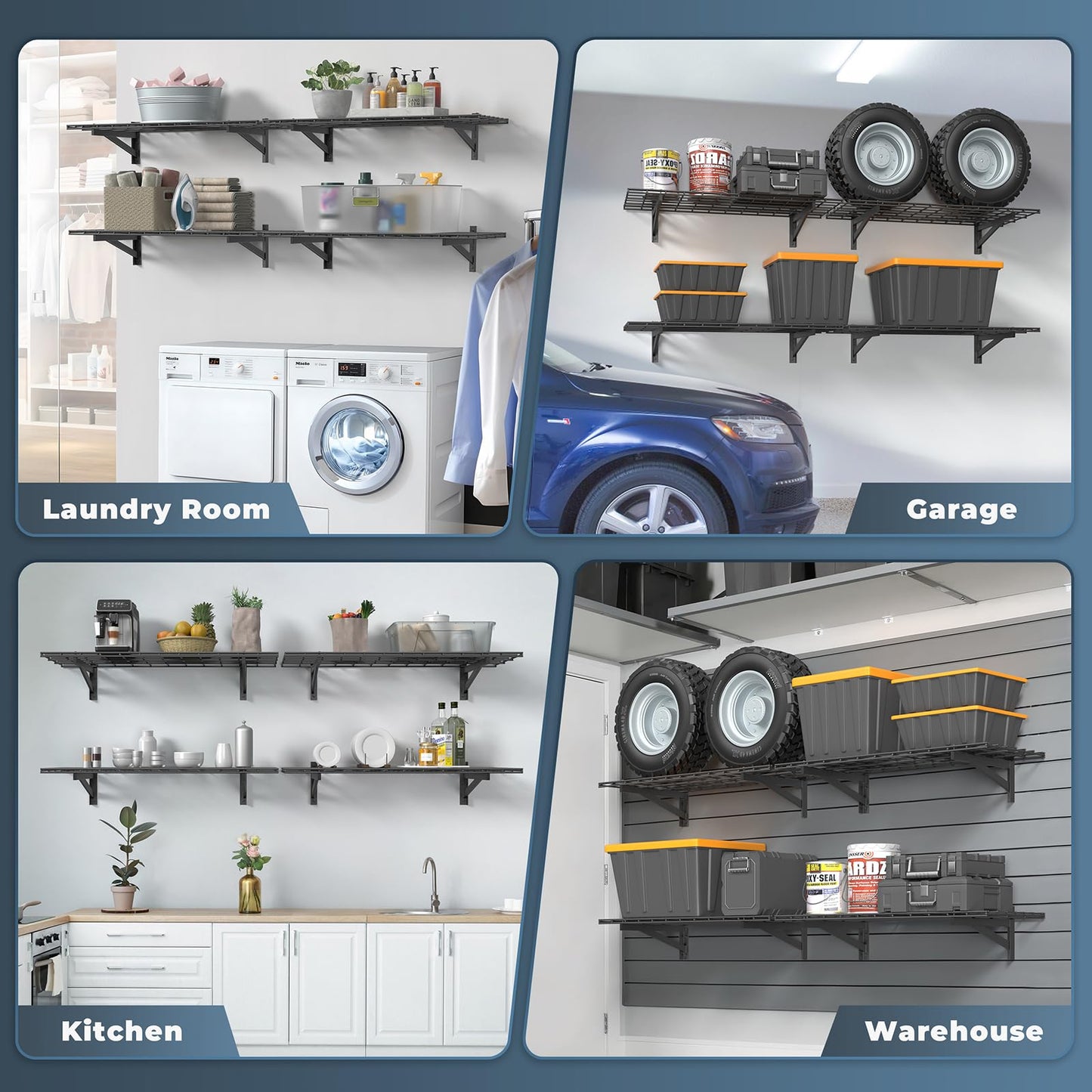 Jusgym 4 Pack Heavy Duty Garage Wall Shelving Set (1.5x4ft), Wall Mounted Garage Shelves 1400lbs Capacity, 18"x96" Shelf Storage Rack Floating Shelves, Black