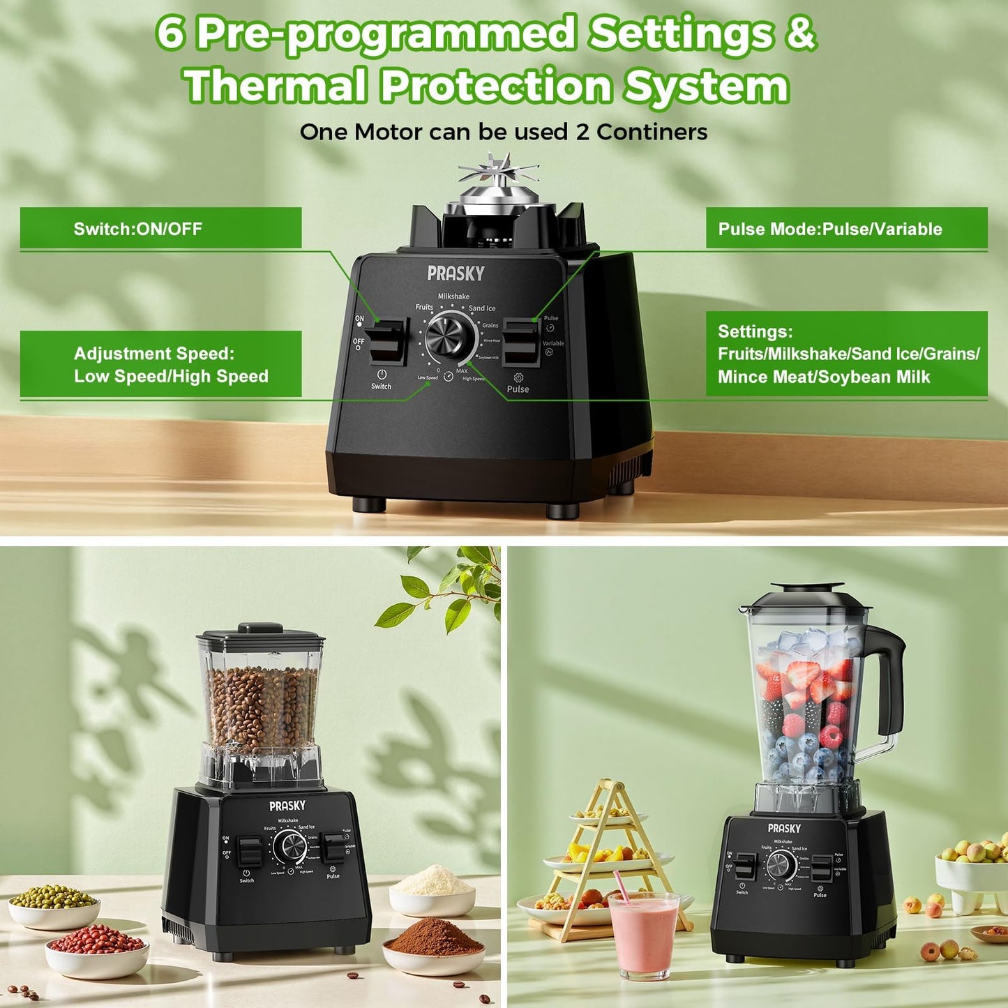 Blender, Smoothie Blenders, PRASKY Max.2400Watts/1000Watts Kitchen Blender and Grinder Combo 25000RPM Powerful Kitchen 68oz BPA Free 2 Containers Countertop Blenders Ice Crushing