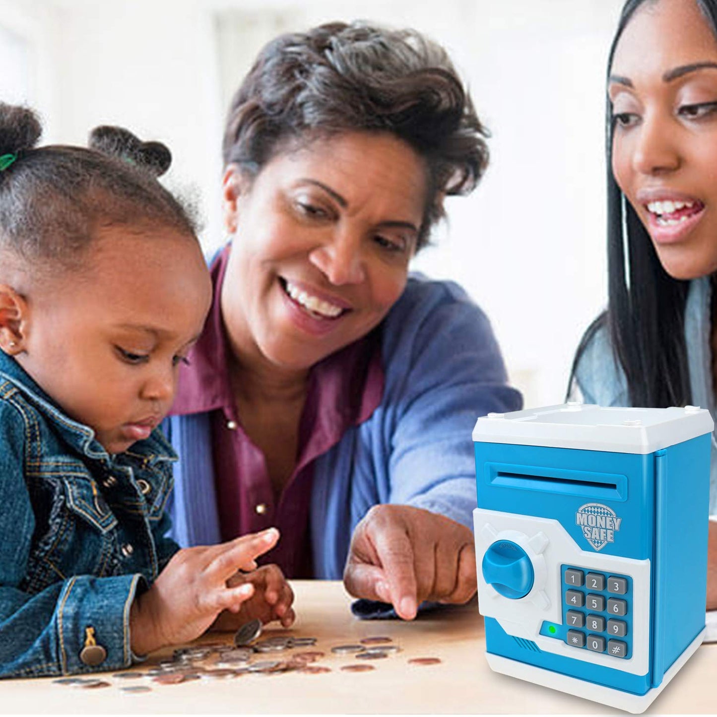 Yoego Kids Money Bank, Electronic Piggy Banks, Great Gift Toy for Kids Children, Auto Scroll Paper Money Saving Box Password Coin Bank,Perfect Toy Gifts for Boys Girls (Blue White)