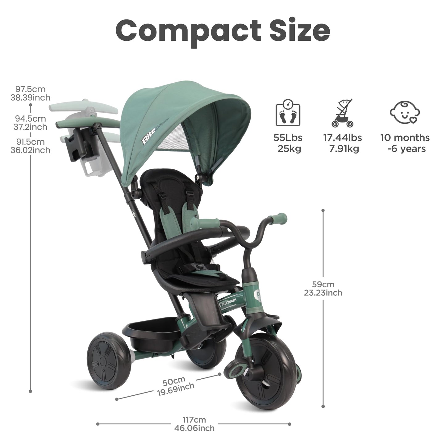 QPlay Baby Tricycle Ages 10 Months - 6 Years,6 in 1 Toddler Tricycle Stroller with Adjustable Parent Handle,Safety Harness & Wheel Brakes,Removable Canopy, Trike Bike Gifts for Boys & Girls (Green)