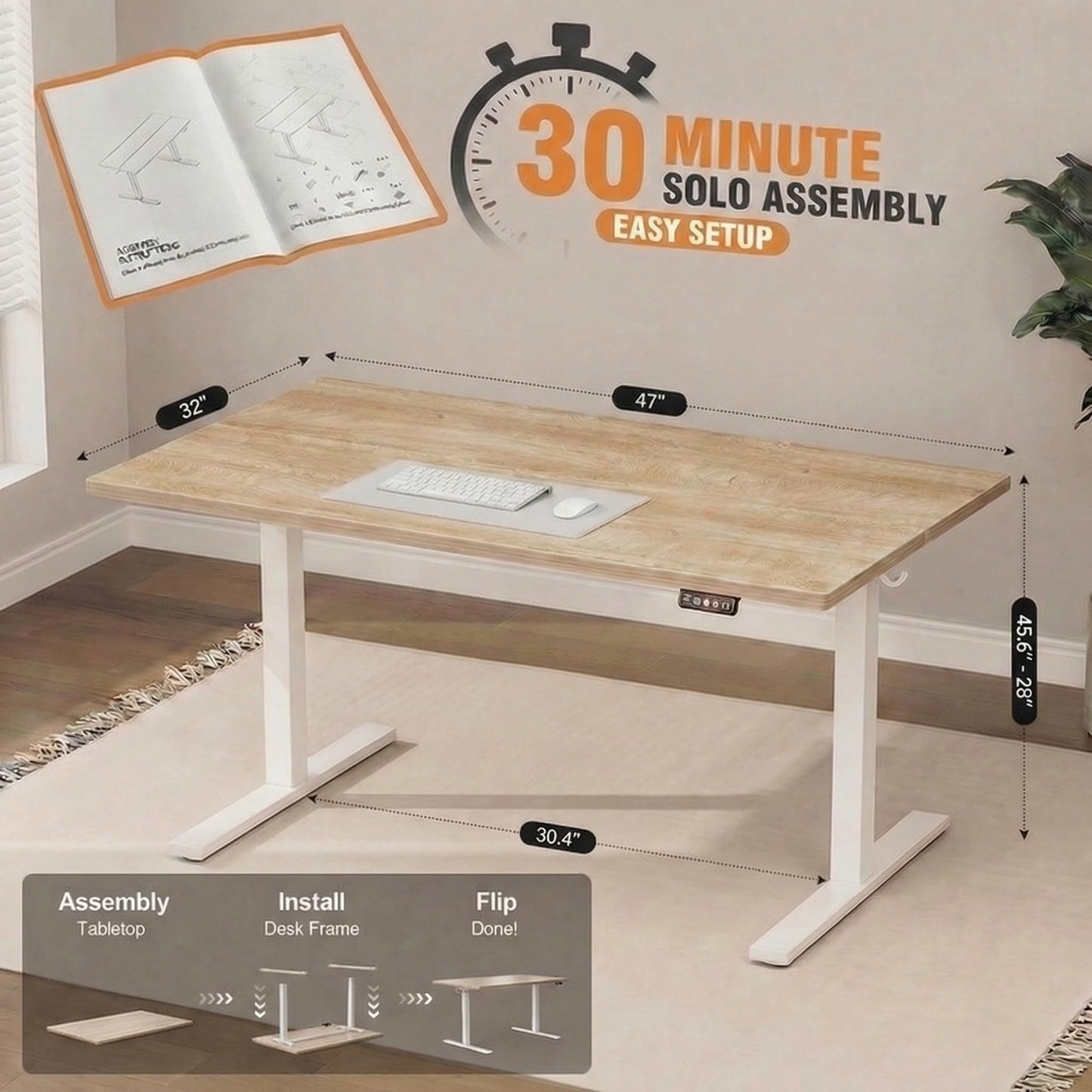 Grandder 47x32 Large Electric Standing Desk, Height Adjustable Computer Desk with 2 Memory Presets, 31.5" Deep Desktop Sit Stand Desk Home Office Desk Workstation Table with Hooks, Oak