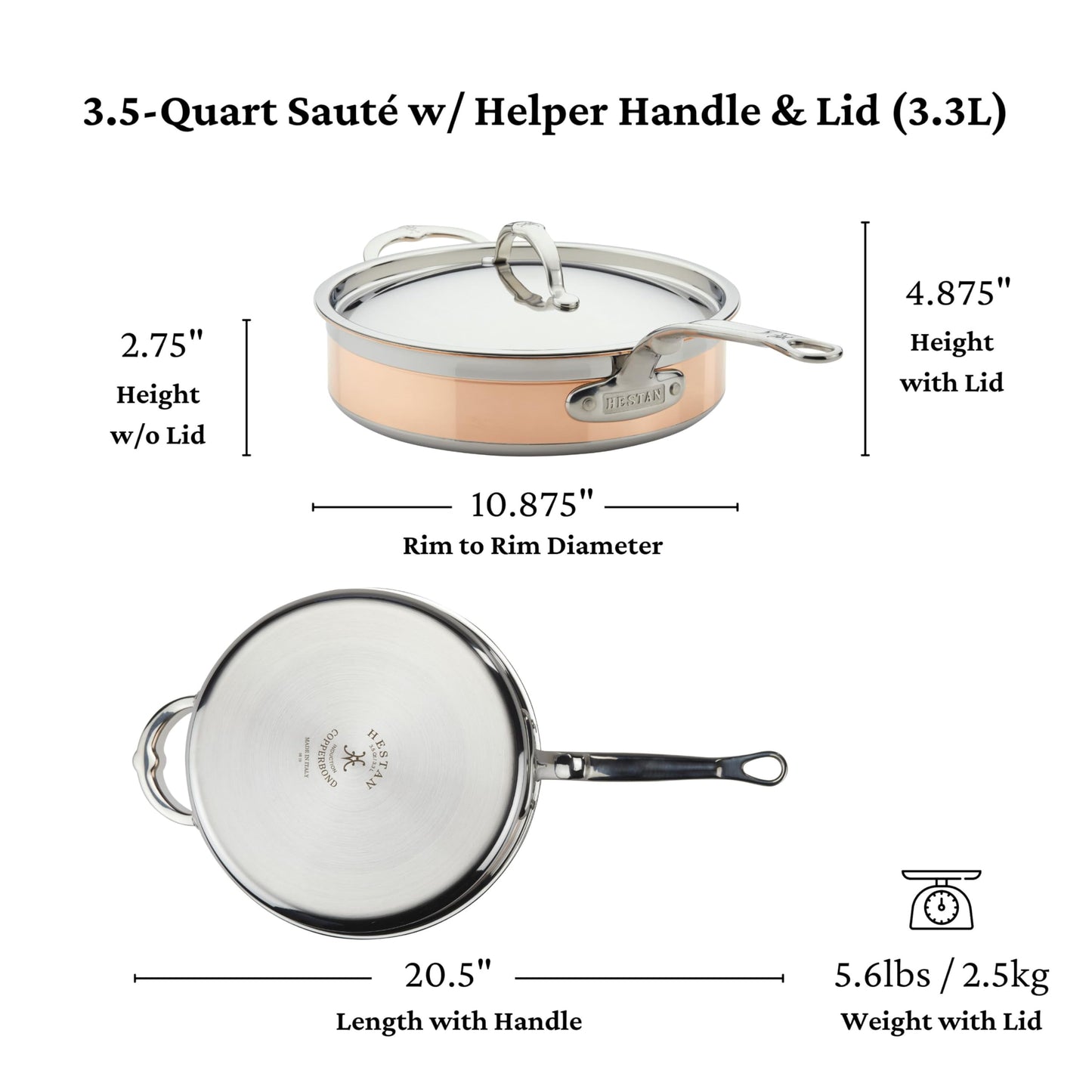 Hestan - CopperBond Collection - 100% Pure Copper Sauté Pan, Induction Cooktop Compatible, 3.5 Quart