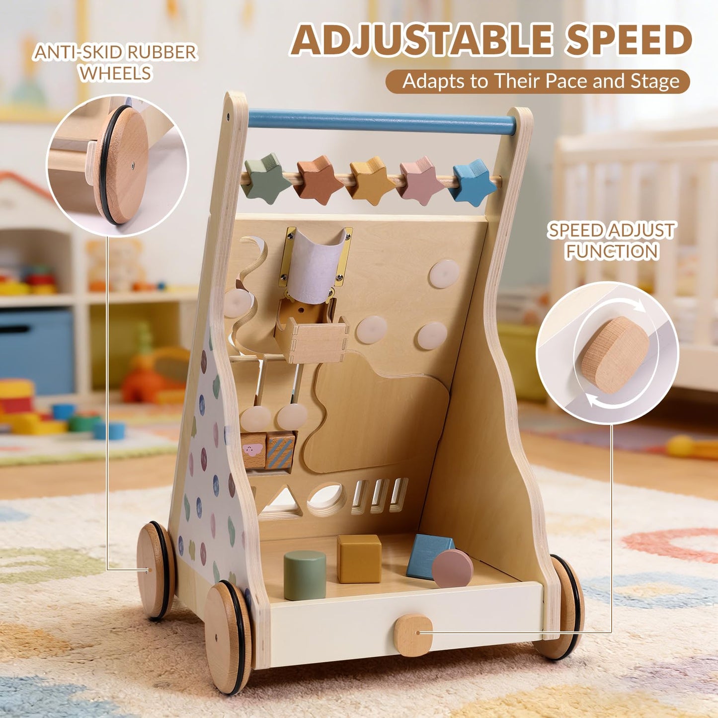 Montessori Safe Wooden Baby Walker, Adjustable Speed Baby Push Walker for Girls and Boys, Morandi Activity Center Toy for Kids' Development, Ideal Gift for Toddlers