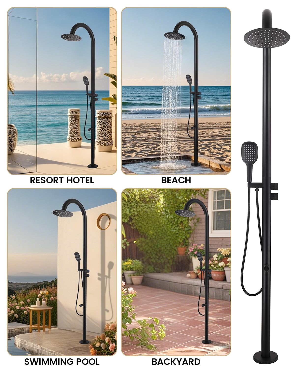 CHALIRS 316 Marine Grade Stainless Steel Free Standing Outdoor Shower with Foot Wash, 3-Function Matte Black Shower Kit with 10''Rain Shower Head,Outdoor Shower Fixture for Yard Beach Poolside Garden
