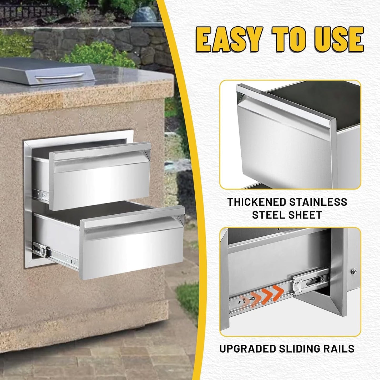 yuxiangBBQ Stainless Steel Outdoor Kitchen Double Drawer, 18W 15H 23D Double Wall Kitchen Cabinet Grill Station or Grill Island