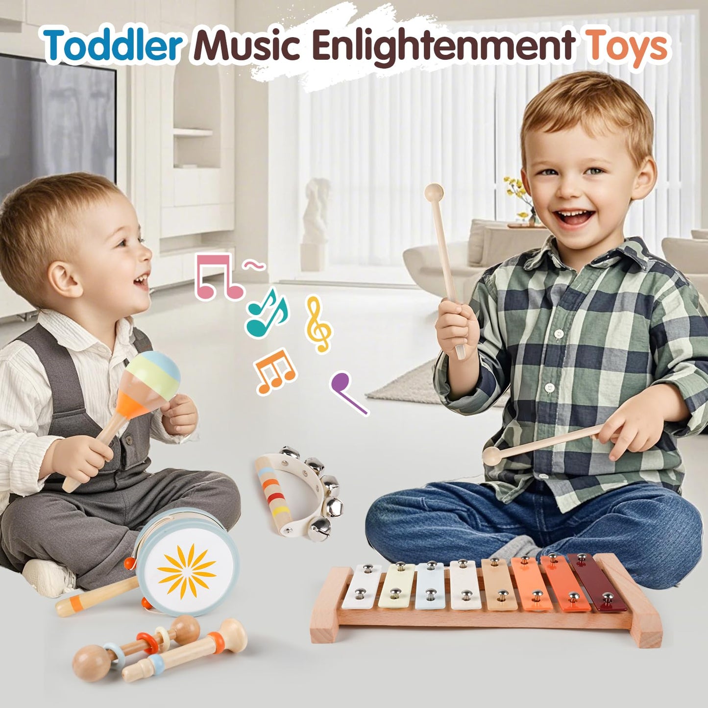 Wooden Toddler Musical Instruments Set, 9PCS Kids Montessori Toys, Baby Toys with Xylophone & Drum, Educational Gift for Ages 1, 2, 3 Year Olds