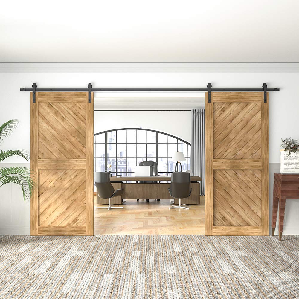 WINSOON 16FT Barn Door Hardware Kit: Double Sliding Door Hardware - Heavy Duty Black Barn Door Track Kit - Carbon Steel Sliding Barn Door Rail - J-Shape Easy to Install for 96" Closet Panel(No Door)
