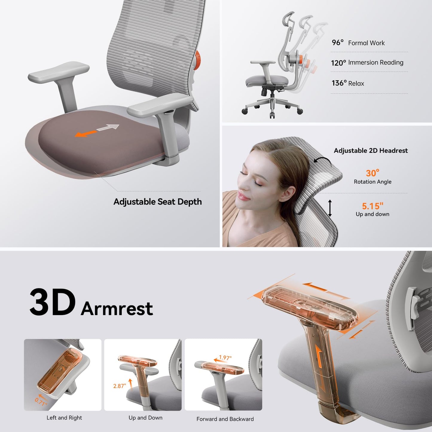 Newtral Ergonomic High-Back Office Chair, Home Office Desk Chair with Auto-Following Lumbar Support, Adjustable Headrest, 3D Armrest, Seat Depth & Heigh Adjustable, 96°-126° Recline