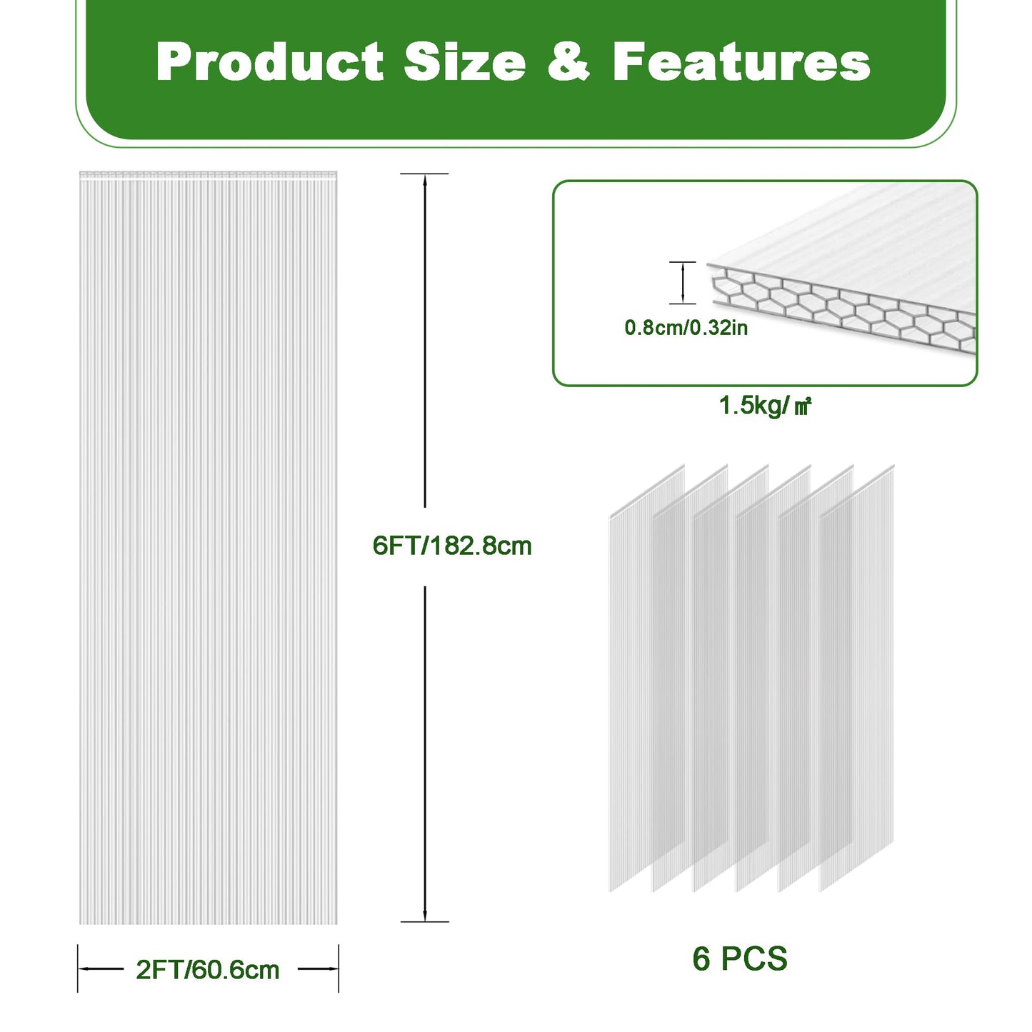 Quibbay 6PCS Polycarbonate Greenhouse Panels Sheets, 6' x 2' x 0.32'' Three-Layer Honeycomb Panels, UV Protected Corrugated Plastic Roof Panels, Clear Replacement Panels for Greenhouse Covering