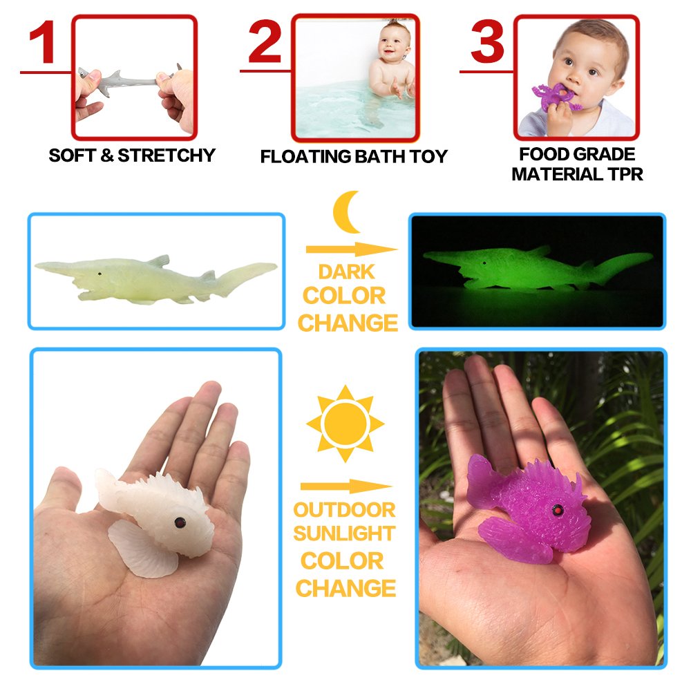 18 Pack Assorted Ocean Animal, Stretchy and Floating Rubber sea Animals Toy Set, Mini Realistic Under The Sea Life Figure for Toddler Bath Bathtub, Shark Octopus Fish Toys Bulk for Kid Party