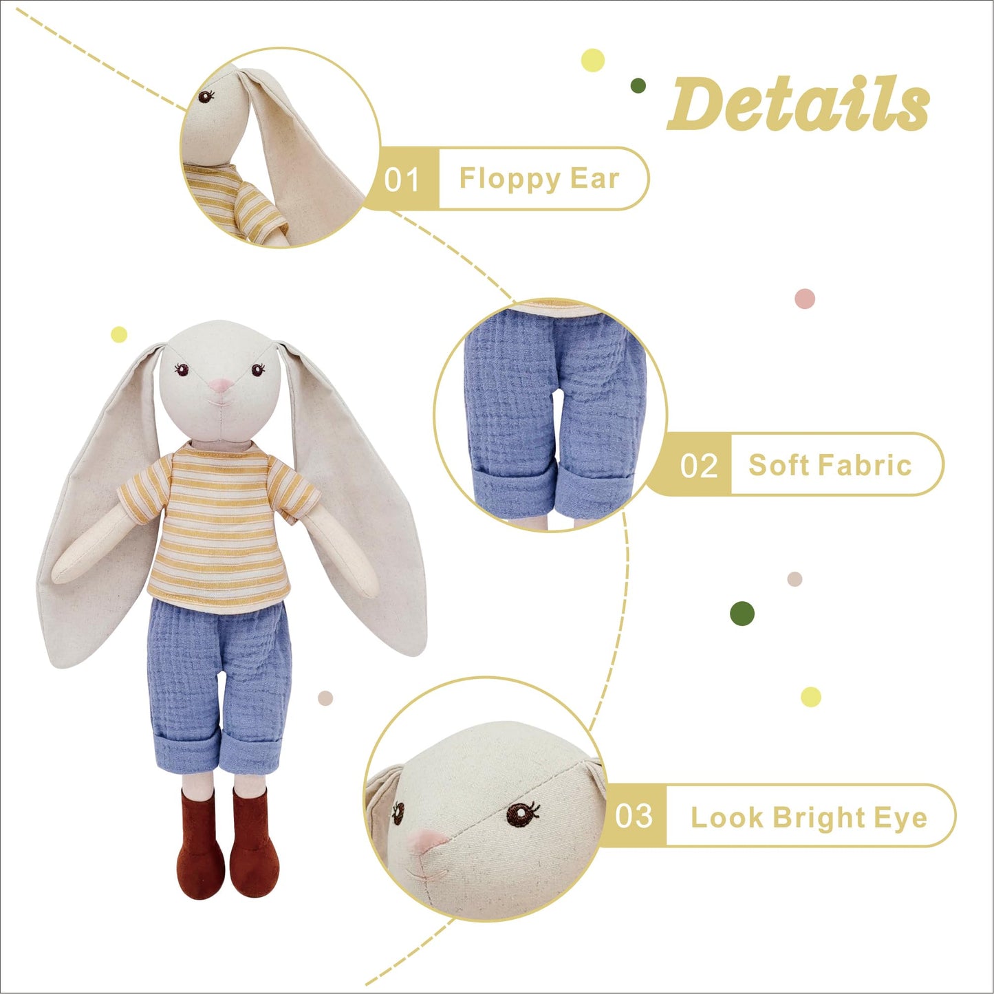 Mikee Fluffie 15" Bunny Stuffed Animals for Baby, Plush Toy Doll -Wearing Striped T-Shirt and Pants,Cute Doll Set Dress Up for 3 4 5 Year Old Girl - Gift for Birthday