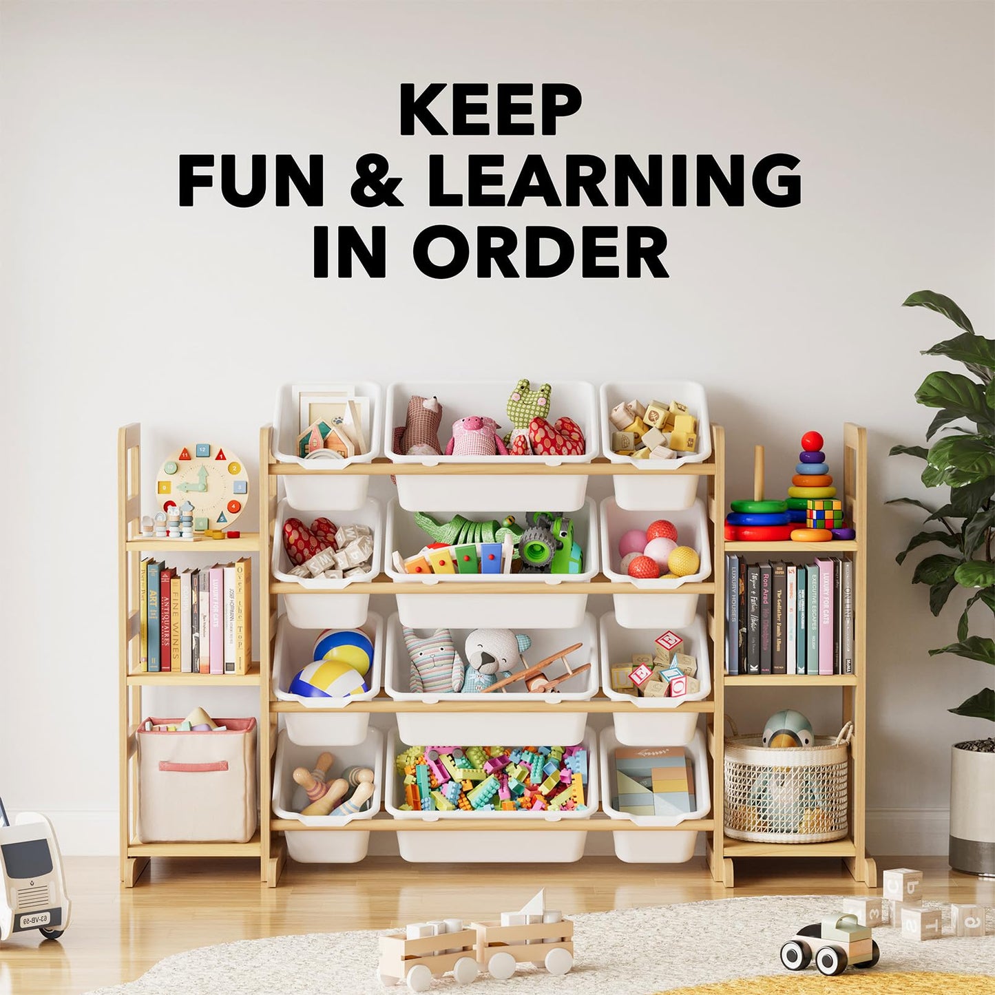 SpaceAid Toy Storage Organizer with 6 Shelves and 12 Bins, Bookshelf/Bookcase, Kids Bin Shelf, Toys Box for Playroom Organization for Bedroom & Room Decor, White, 52.3" W