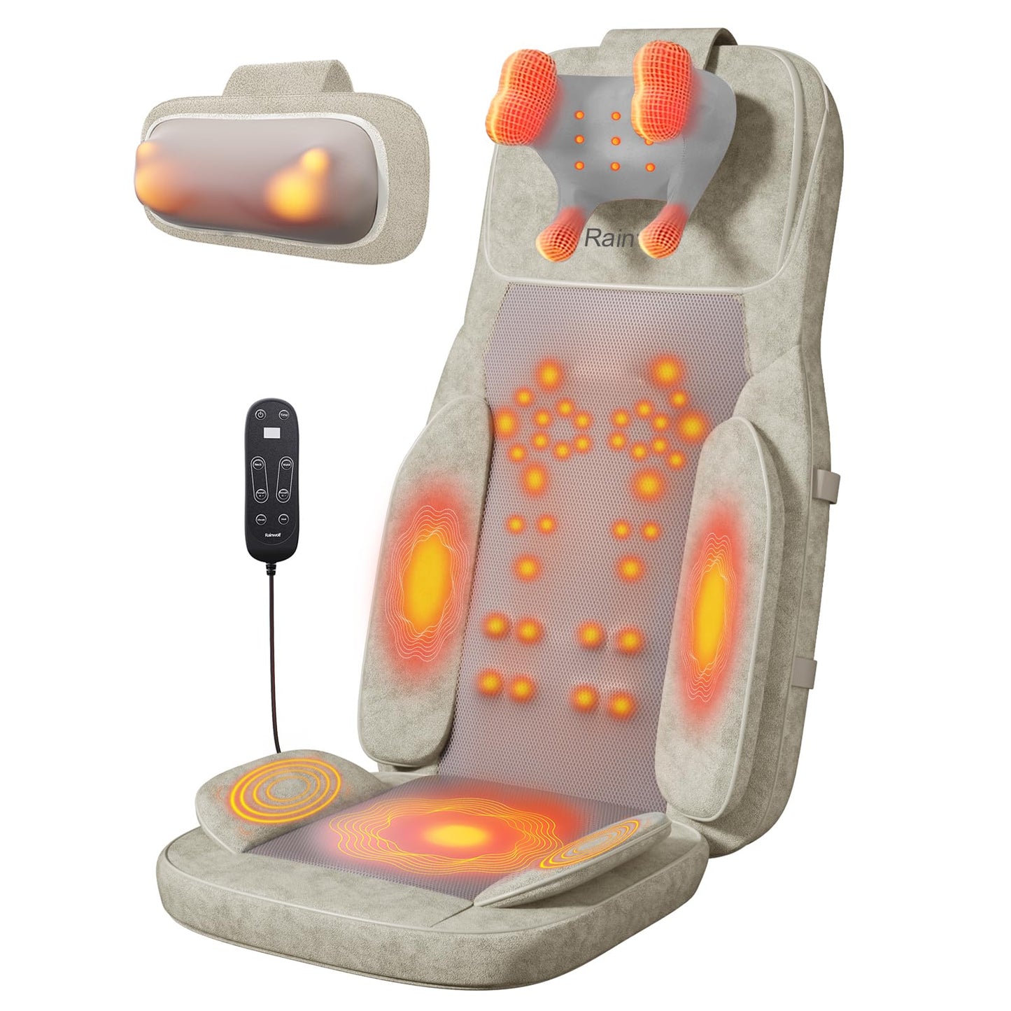 Rainwolf Shiatsu Neck and Back Massage Cushion with Heat - 4D Deep Tissue Kneading Full-Back Massager for Relief Muscle Soreness, Adjustable Intensity & Height, for Office Chair & Home