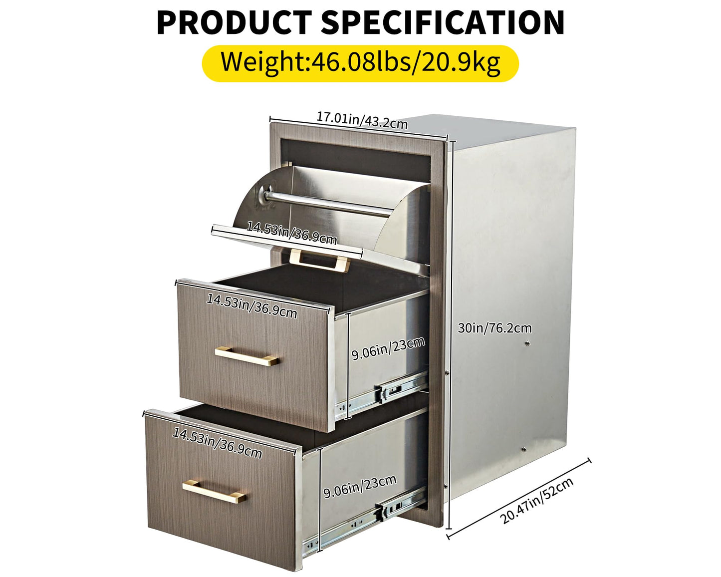 GAOMON Outdoor Kitchen Drawers 17" W x 30" H x 21" D, Flush Mount Triple BBQ Drawers with Stainless Steel Handle, Paper Towel Holder Combo for BBQ Island, Patio Grill Station