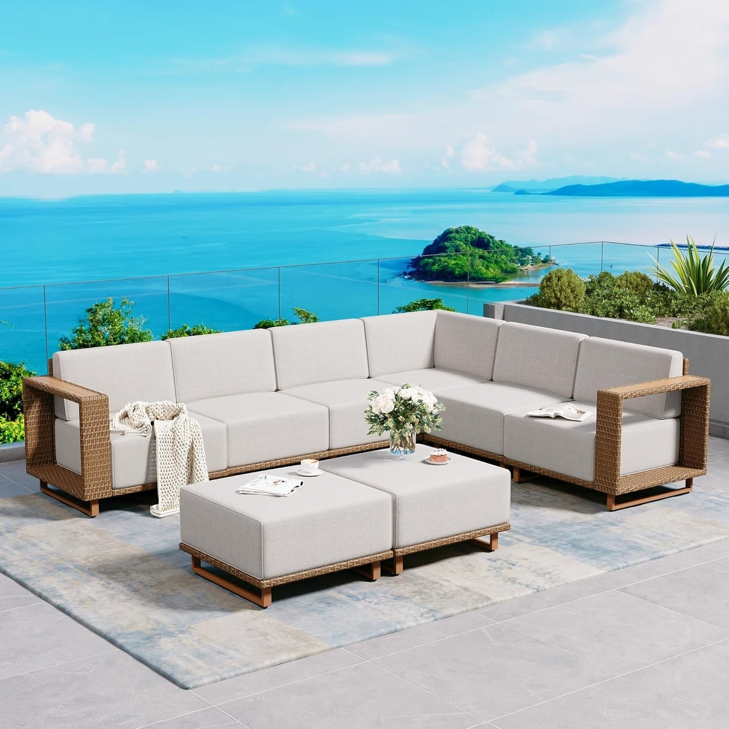 SUNSHINE VALLEY L Shaped Patio Furniture,Outdoor Rattan Wicker Sectional Sofa with 10''Ultra-Thick Cushions,All Weather Patio Conversation Set for Lawn Garden Backyard,Beige