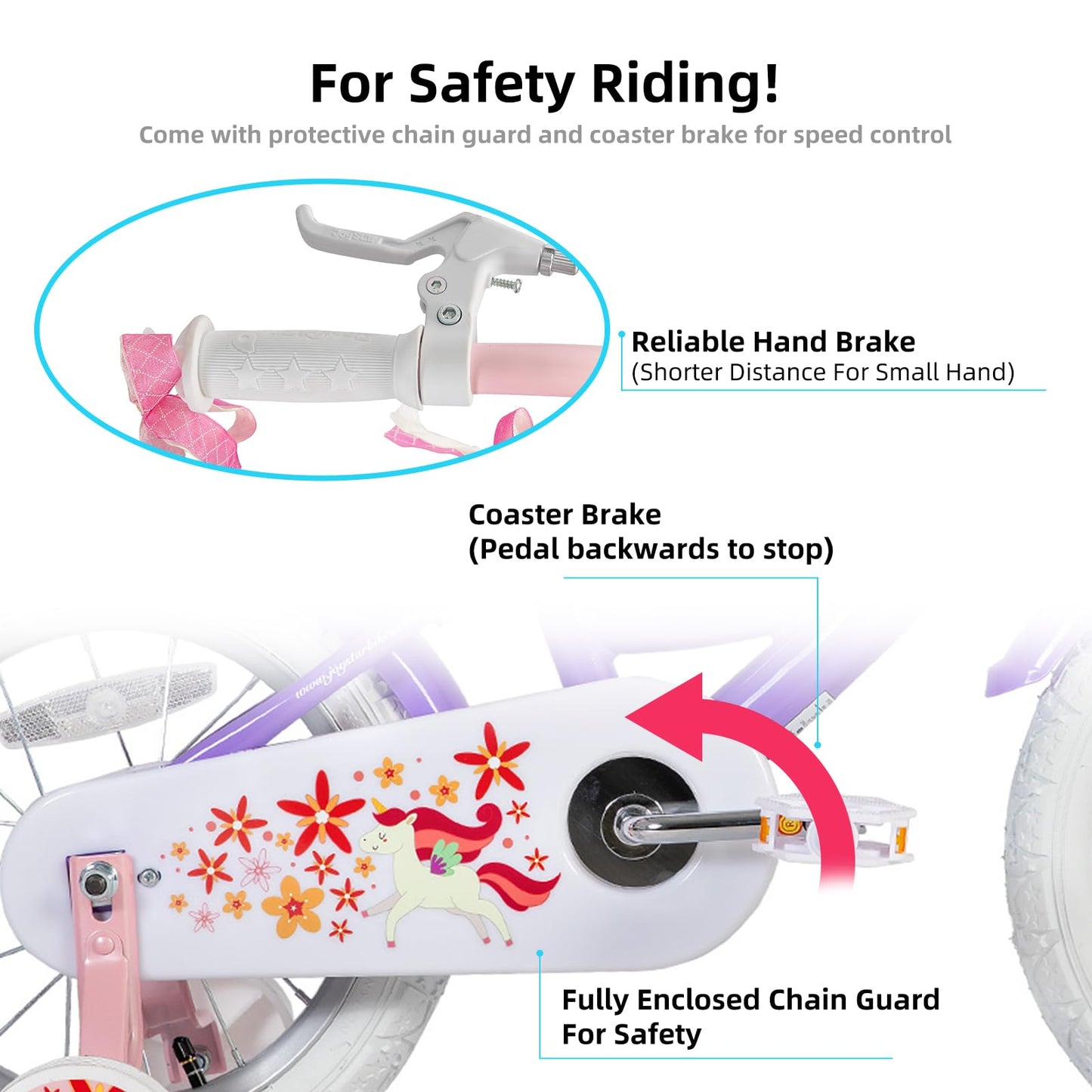 JOYSTAR Unicorn 16 Inch Kids Bike for 4-6 Years Old Princess Girls Bike with Doll Bike Seat Training Wheels Basket Streamer Children Bicycle Purple