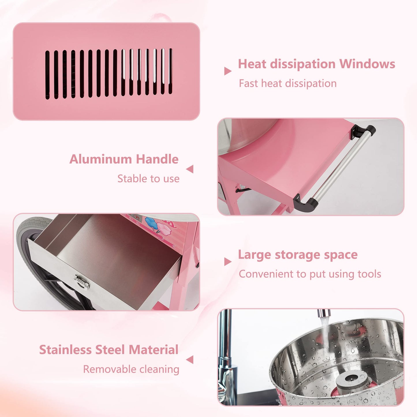 Electric Cotton Candy Machine,Stainless Steel Cart Cotton Candy Machine for Kids in Outdoors,with Sugar Spoons and Drawers,for Birthday Parties and Family Use,Pink