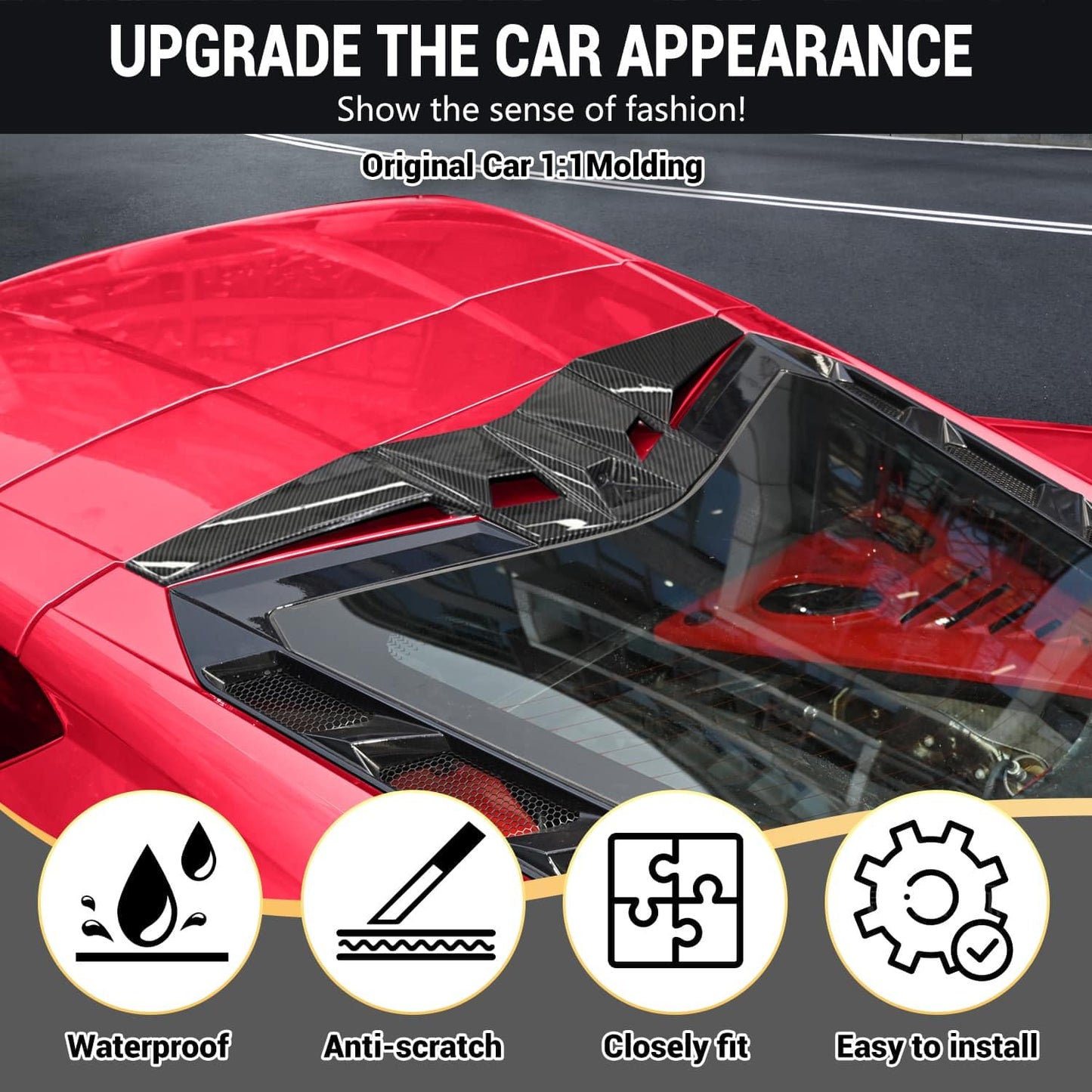 BILLFARO Rear Decklid Camera Vent Cover and Rear Roof Windshield Spoiler Strip Cover Trim, Carbon Fiber Pattern Widebody Roof Set for Corvette C8 Stingray Z51 2020+ for C8 Z06 2023+/E-Ray 2024+