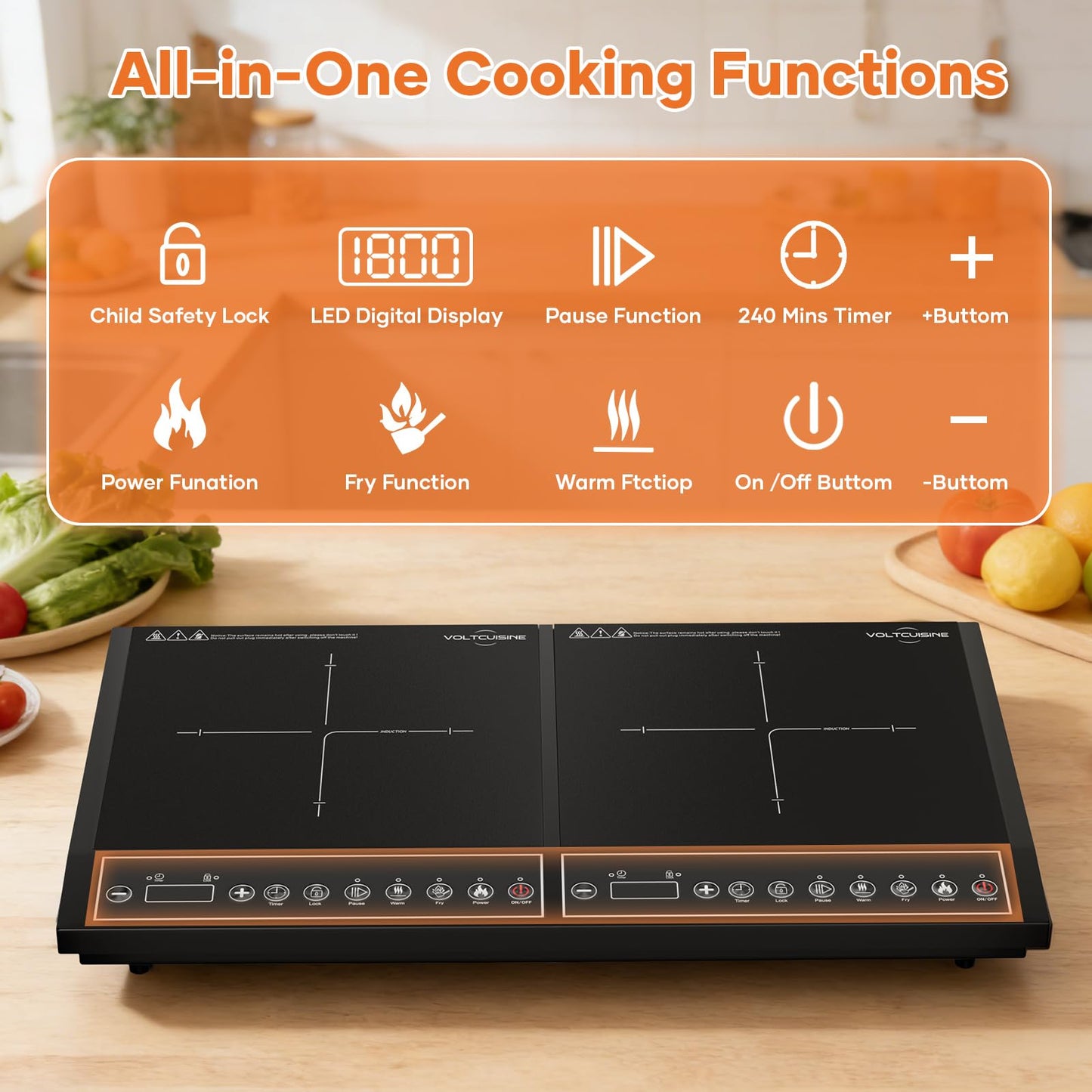 VoltCuisine 24 Inch Double Induction Cooktop, Button Control, 1800W Power Sharing, Low Power Continuous Heating, Portable Countertop Electric Cooker