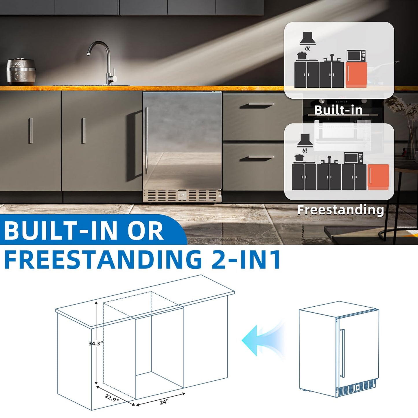 Antarctic Star Outdoor Beverage Refrigerator 24 Inch Wide,Stainless Steel Mini Fridge 180 Can for Undercounter Built-in or Freestanding, Wine Cooler for Home and Patio,Fast Cooling, Low Noise, 32-50°F