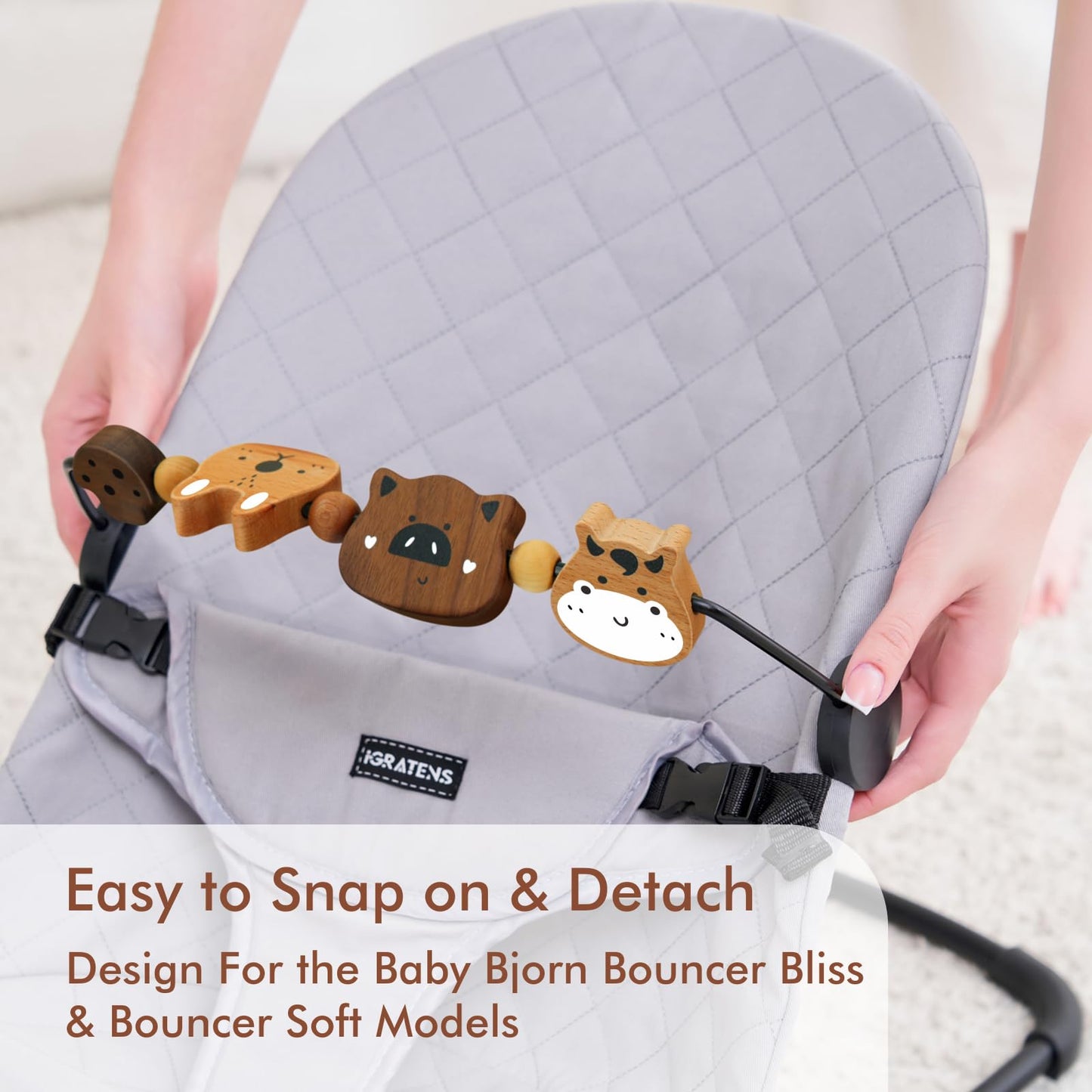 iGRATENS Baby Bjorn Bouncer Toy Bar - Toy Bar for Baby Bouncer Soft & Bliss, Easy to Attach and Remove, 360°Rotating Natural Wooden Toys, Exciting Design for Curious Babies, Farm Animals