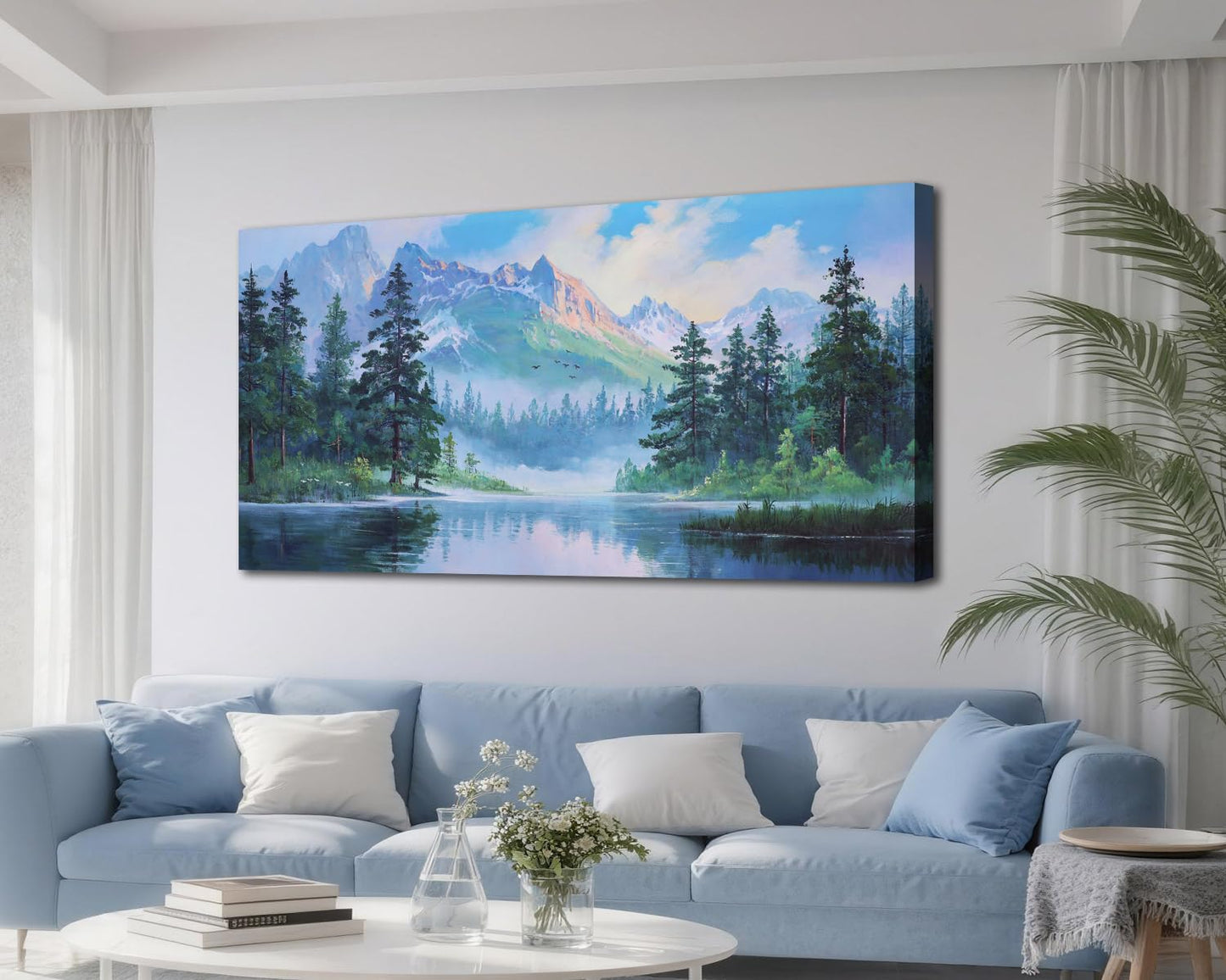 Acocifi Landscape Mountain Wall Art for Living Room Canvas Art Wall Decor Lake Forest Painting, Tree Nature Picture Bedroom Scenery Textured Artwork Framed Office Home Dining Room, Large 48"x24"
