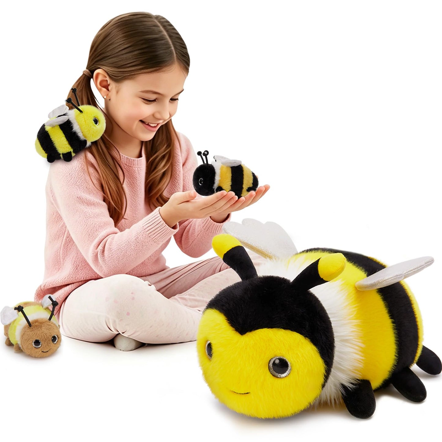 MorisMos 4Pcs Bee Stuffed Animal with Baby Inside 15 Inch, Luminous Mommy Stuffed Bee Plush Toy Set, Cute Bumblebee Surprise Toys Gift for Kids Girls Boys Birthday, Glow in The Dark