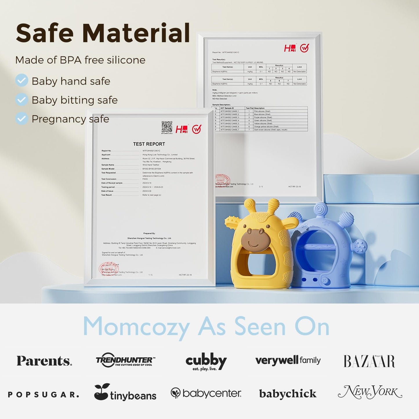 Momcozy Baby Teether Toys | Food Grade Silicone Teething Relief 0-6 Months | Toy 6-12 Months | Baby Essential | Yellow and Blue