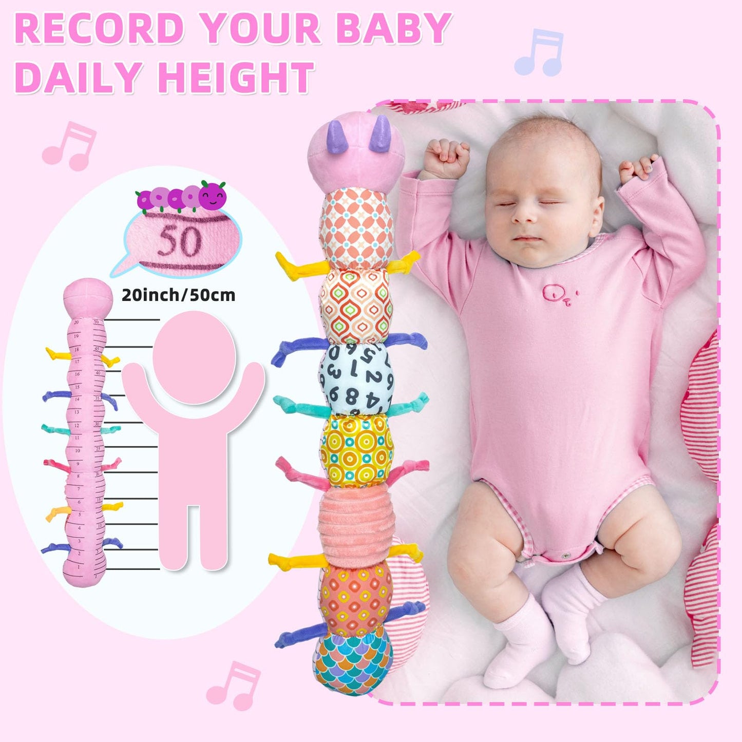 Baby Infant Musical Toy Soft Stuffed Animal Toy with Multi Textures,Rattle,Crinkle,Newborn Baby Toy for 0 3 6 9 12 Months Girls Boy Gift,Caterpillar，Pink