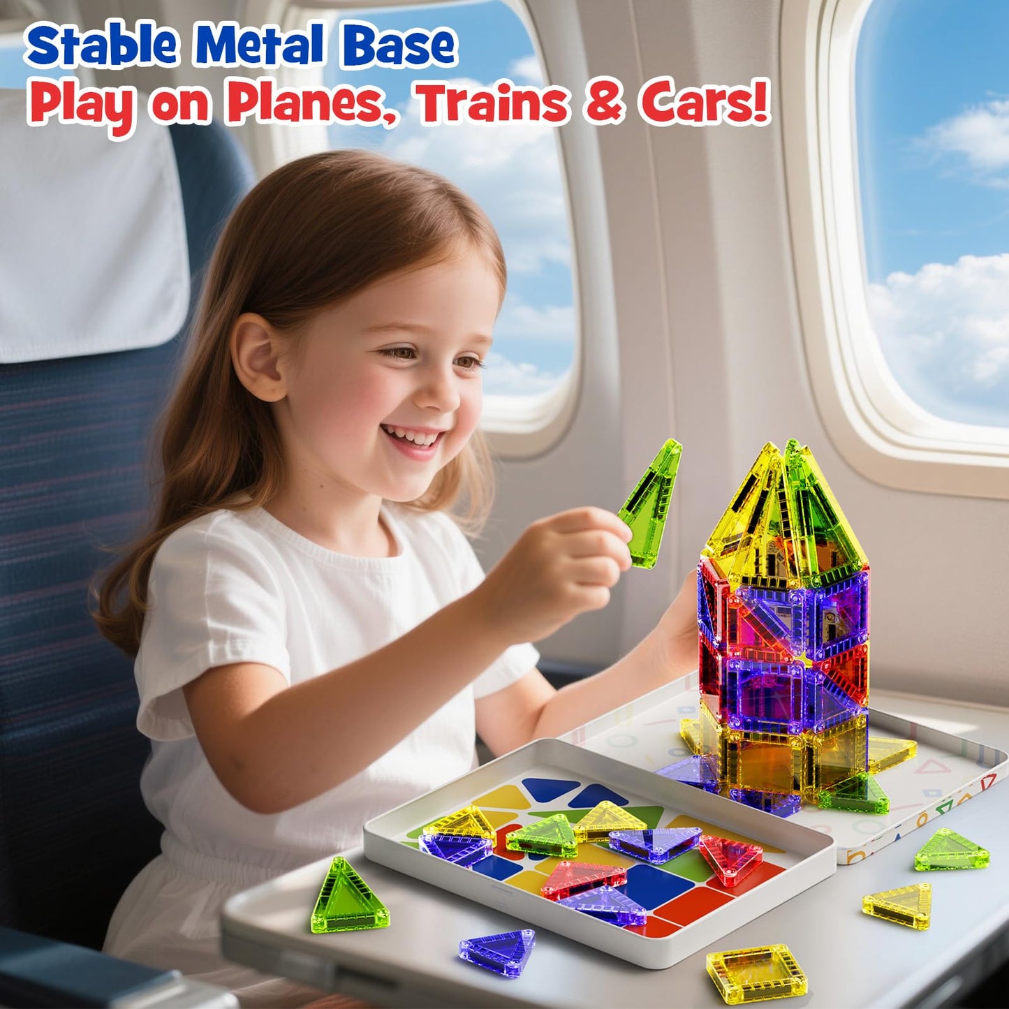 Mini Magnetic Tiles for Kids Travel - 40pcs STEM Building Blocks with Visual Storage Guide & Metal Box Play Base, Toddler Airplane Activities Toys for Ages 3-5,4-8, Compact Travel Toys