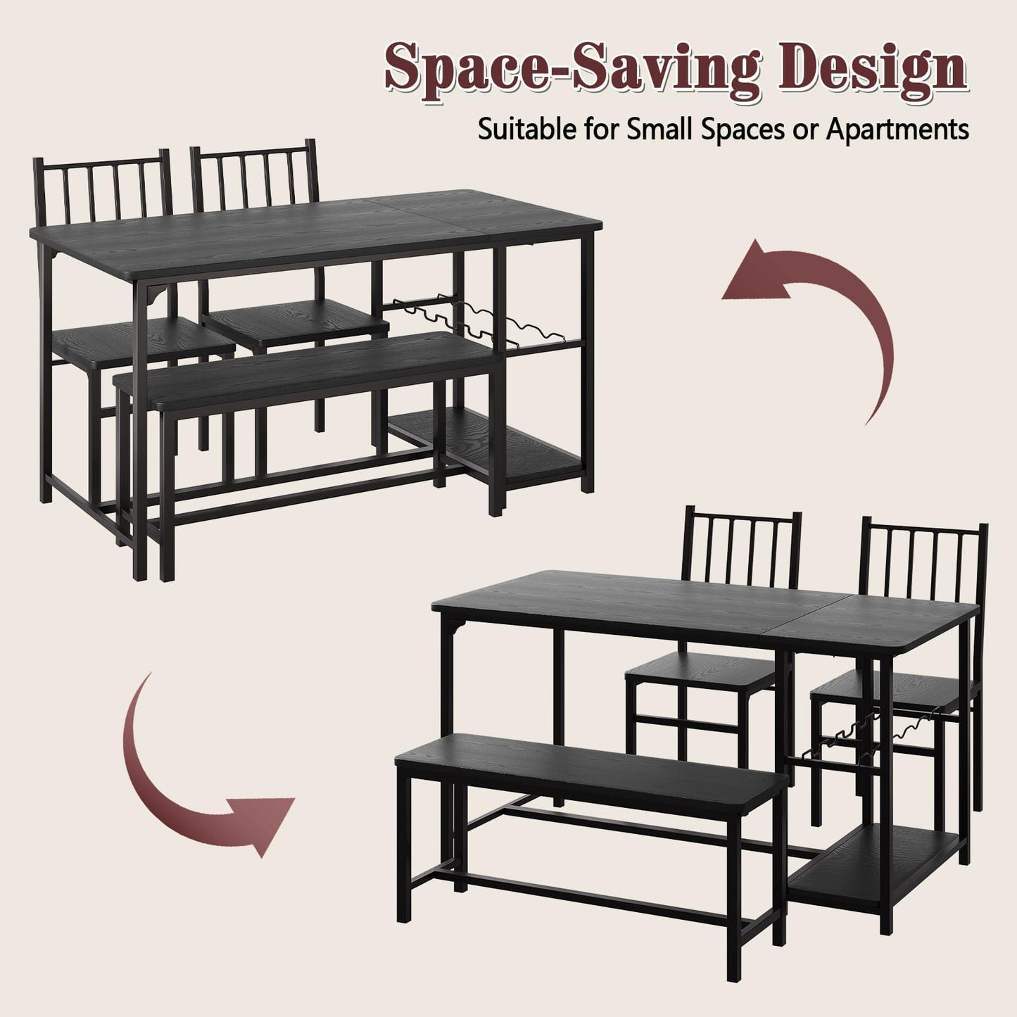 4 EVER WINNER Dining Table Set for 4, 55" Small Kitchen Table with Wine Rack & Wine Glasses Holder, Dining Room Table Set with 2 Chairs and Bench for Small Space, Black
