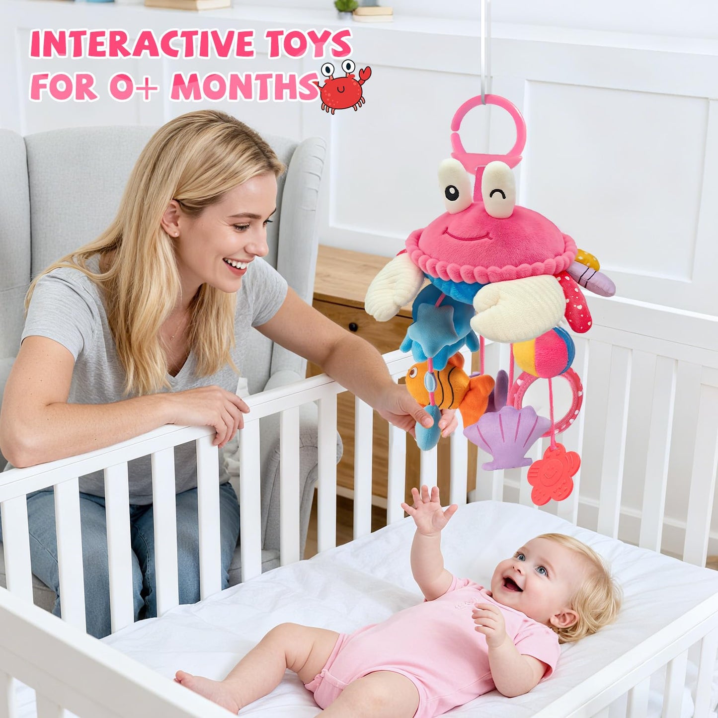 Car Seat Toys for Babies 0-6 Months, Hanging Sensory Crab Plush Toy for Stroller, Crib & Play Gym, Montessori Infant Activity Toy with Mirror, Rattle & Teether, Newborn Baby Gifts 0-12 Months (Pink)