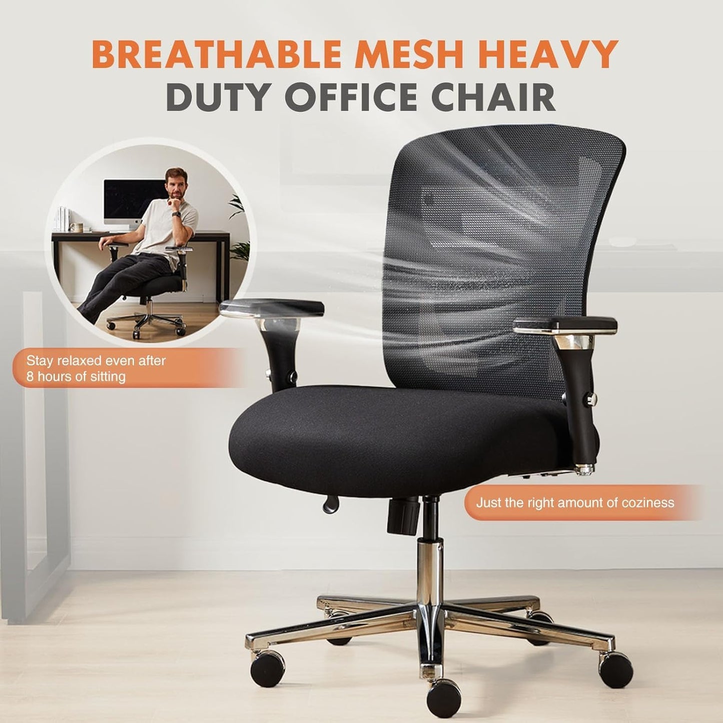 Sweetcrispy Big and Tall Office Desk Chair with Lumbar Support, 500lbs Heavy Duty Mesh Ergonomic Computer Chair with 4D Armrest and Wide Comfy Seat, Wheels for Adult, Black