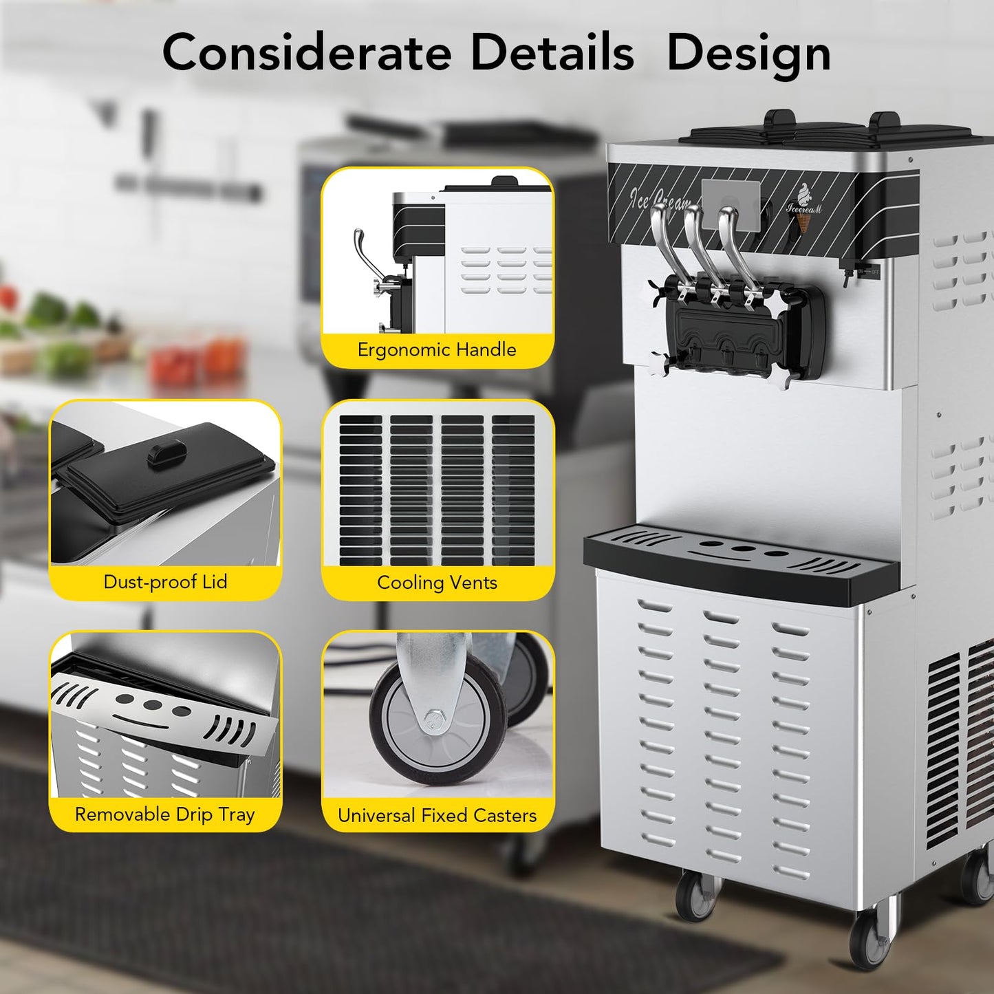Commercial Ice Cream Machine 5.8 to 8 Gal/H Yield, 3 Flavor Ice Cream Maker with 7L Double Hoppers, LED Touch Panel, Auto Cleaning, Stainless Steel, Soft Ice Cream Machine for Gelato for Restaurants
