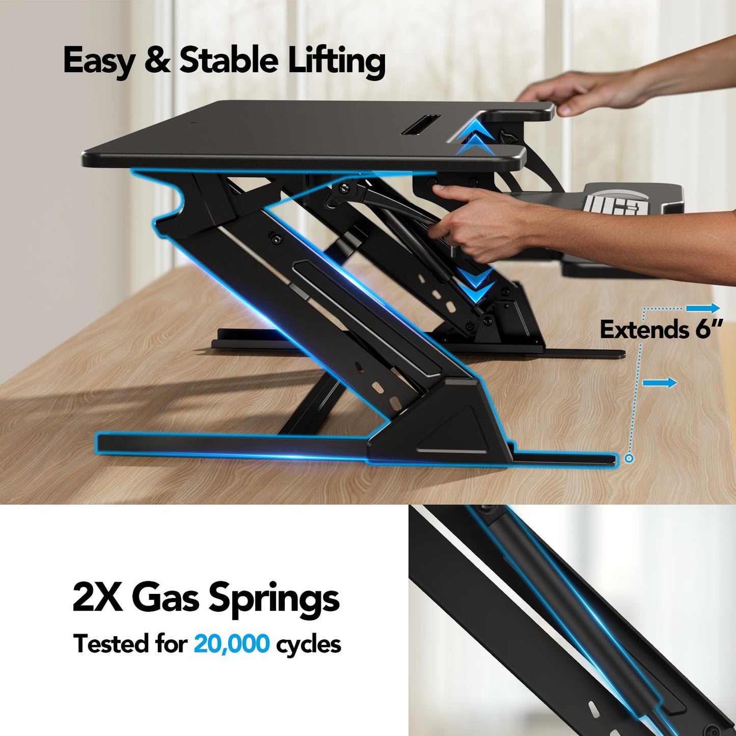 HUANUO 36" Z Shaped Stable Standing Desk Converter, Height Adjustable Sit Stand Up Desk Riser, Dual Monitor and Laptop Workstation with Wide Keyboard Tray, Desk Lifter for Home Office
