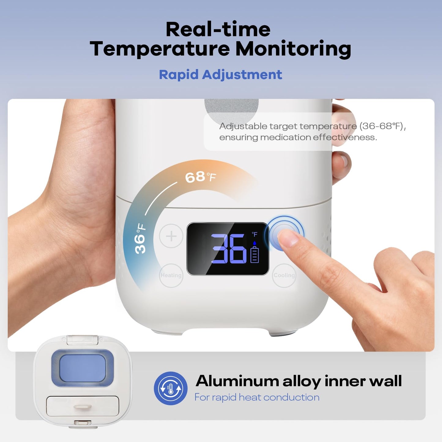 TSA Approved Battery Operated Insulin Cooler Travel Case with Temperature Display,36℉ to 68℉ Adjustable,Fast Cooling,Up to 8hrs Quiet Operation,Protable Medication Cooler for Travel,2-Year Warrnaty